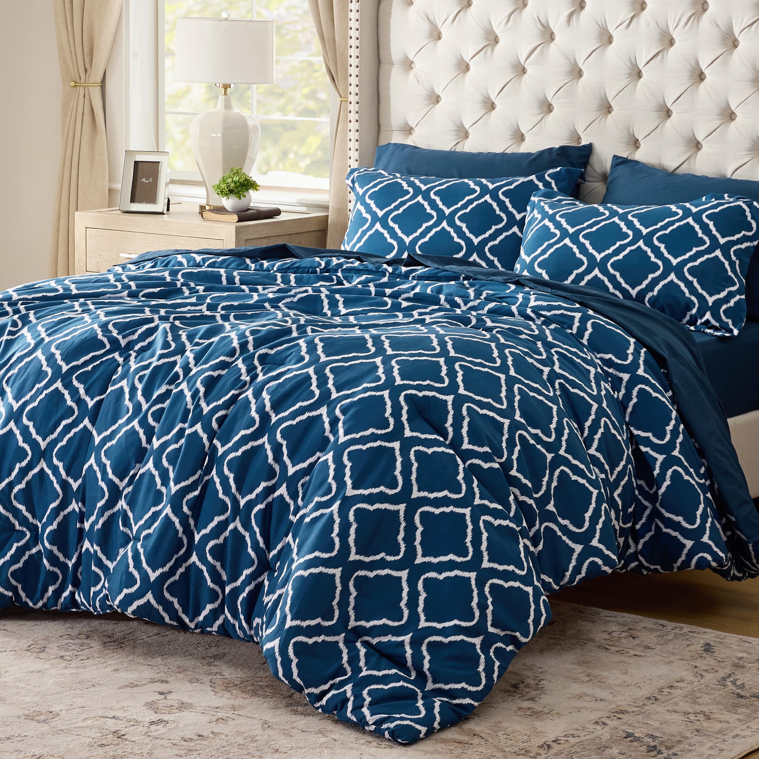 Bedsure Queen Comforter Set 7 Pieces - Navy Blue Quatrefoil Comforters Queen Size Lightweight Bedding Sets for All Season Bed in a Bag with Comforters Sheets Pillowcases & Shams