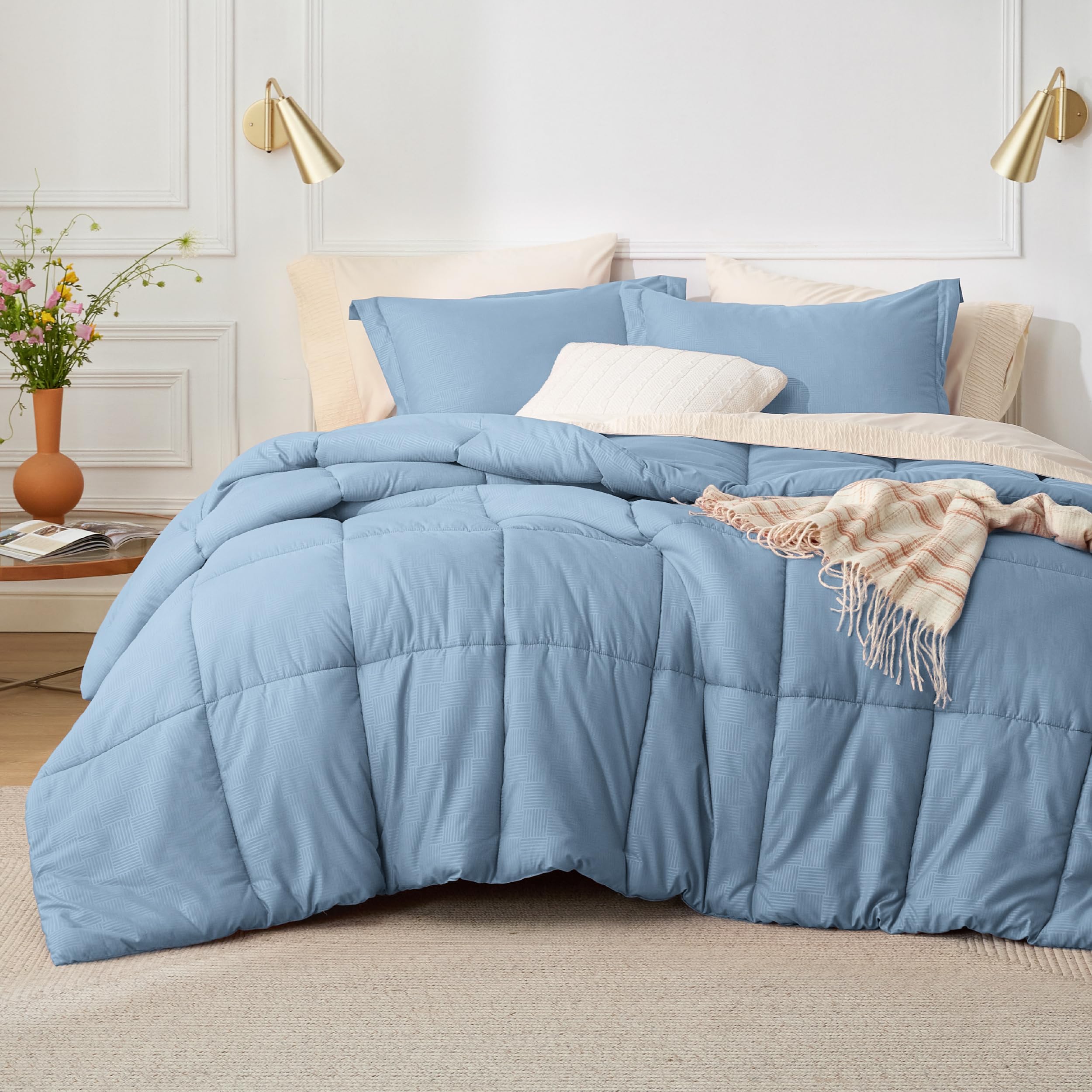 Bedsure Twin Comforter Set - Mineral Blue Basket Weave Down Alternative Comforter Set Twin/Twin XL Size Lightweight All Season Bedding Set with 1 Pillow Sham