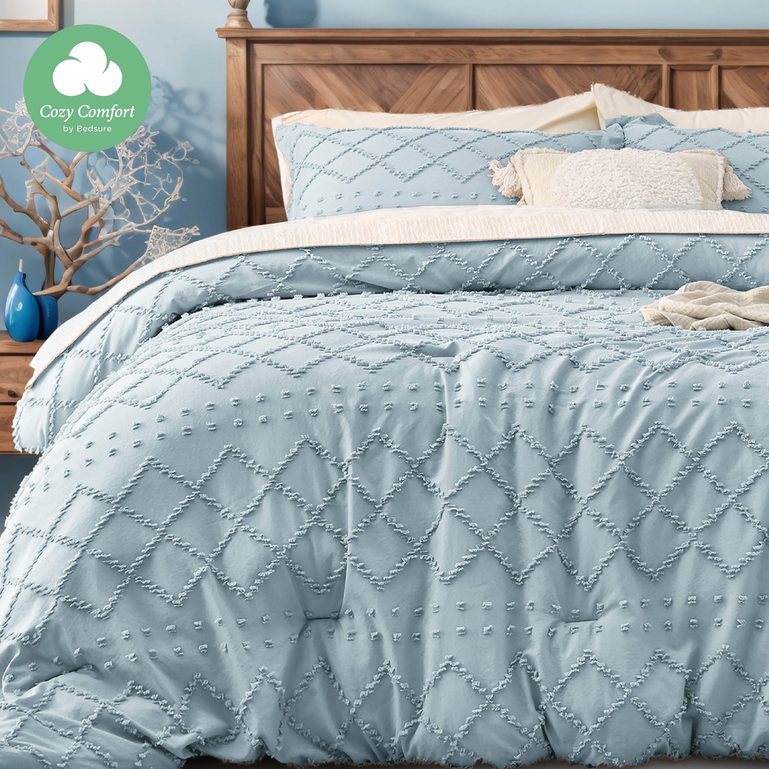 Cozy Comfort Comforter Set Boho Tufted Shabby Chic Bedding Comforter Set 3 Pieces Vintage Farmhouse Bed Set for All Seasons Soft Bedding Set with 2 Pillow Shams Queen Winter Sky