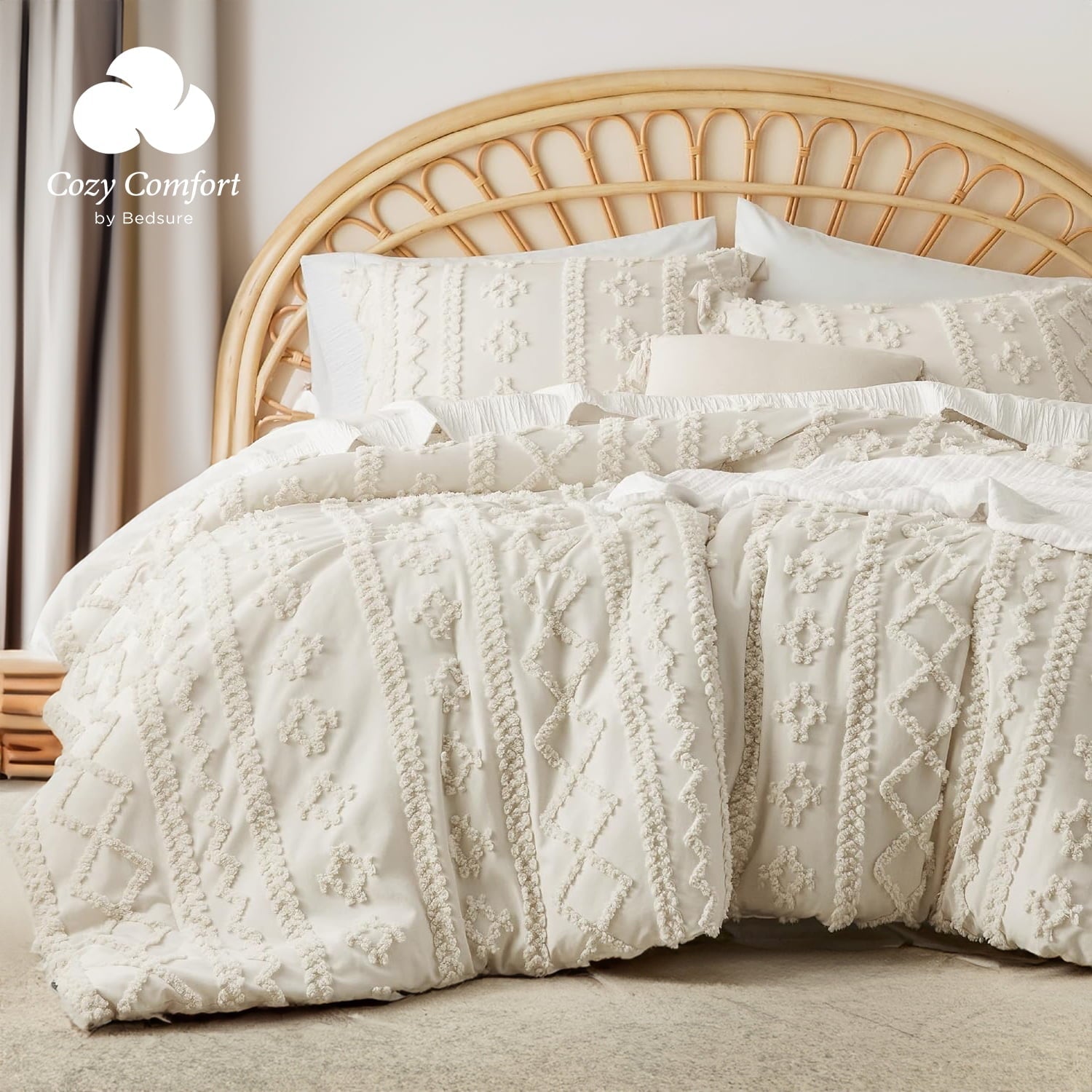 U by Bedsure Tufted Boho Comforter Set Queen, Beige, 3 Pieces Farmhouse Shabby Chic Embroidery Bed Set, Soft Jacquard Comforter For All Seasons