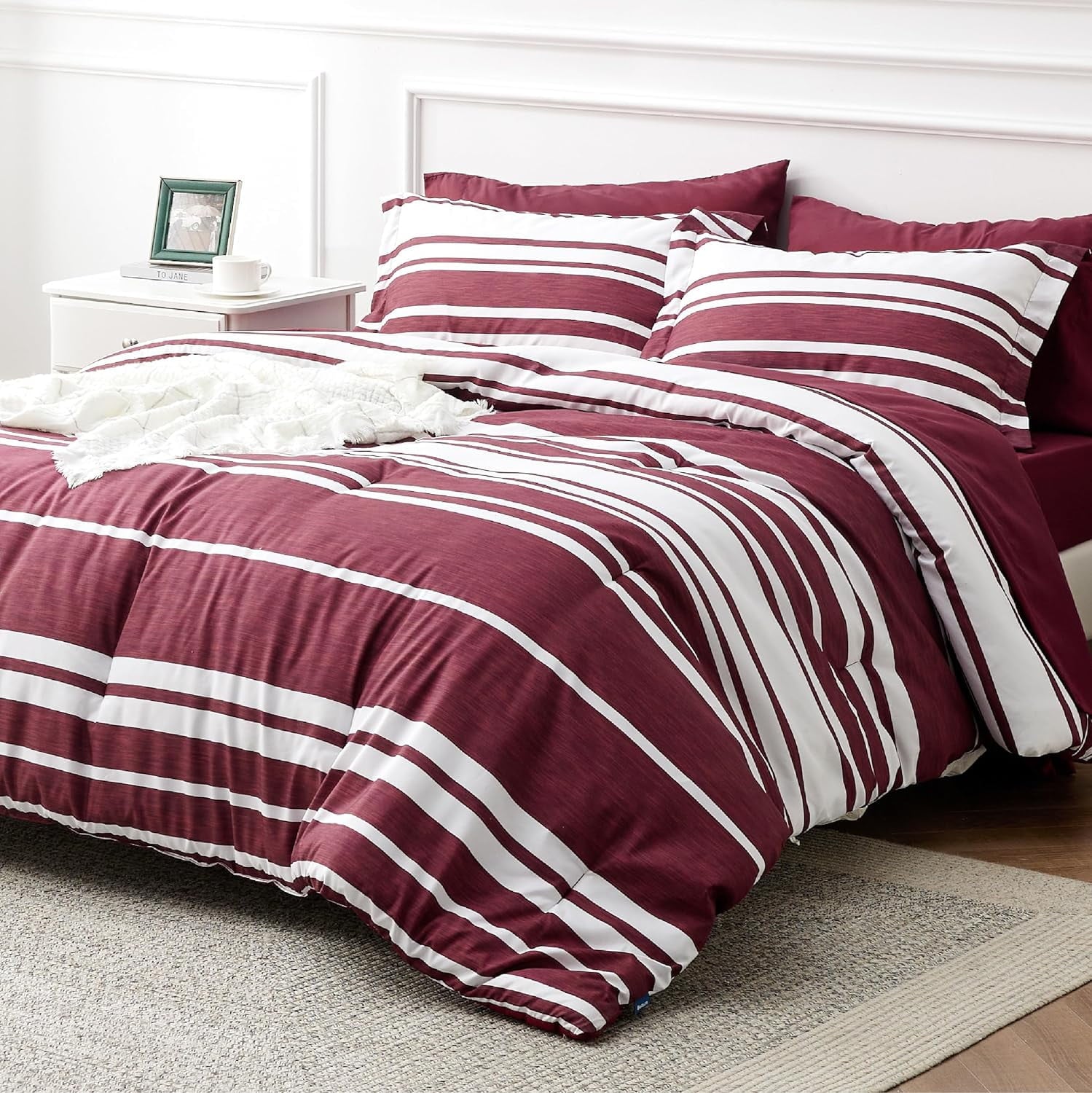 Cozy Comfort Bed in a Bag Queen Size 7-Piece Burgundy White Striped Bedding Comforter Sets All Season Bed Sets