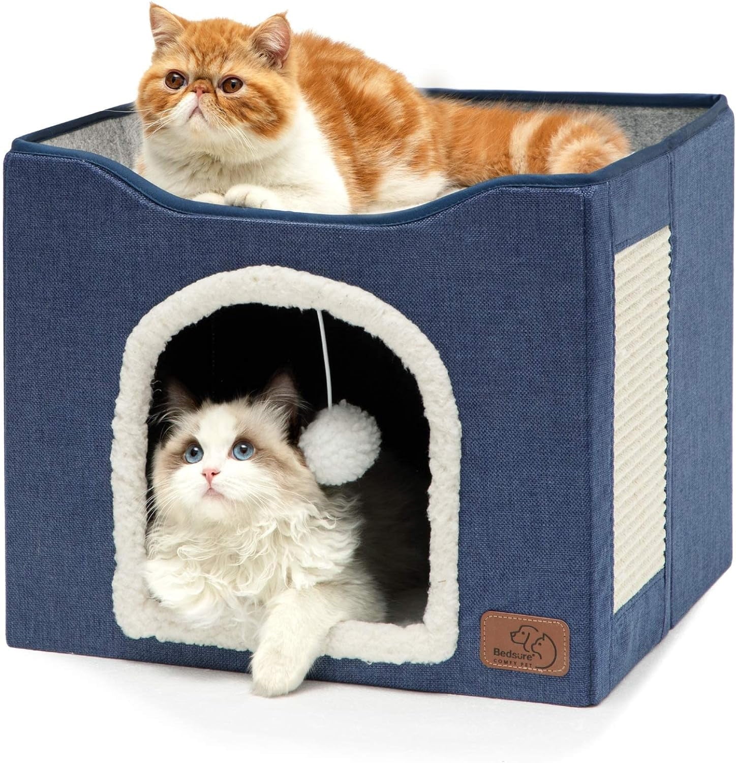 Cozy Comfort Cat Beds for Indoor Cats - Large Cat Cave for Pet Cat House with Fluffy Ball Hanging and Scratch Pad, Foldable Cat Hideaway,16.5x16.5x13 inches, Blue