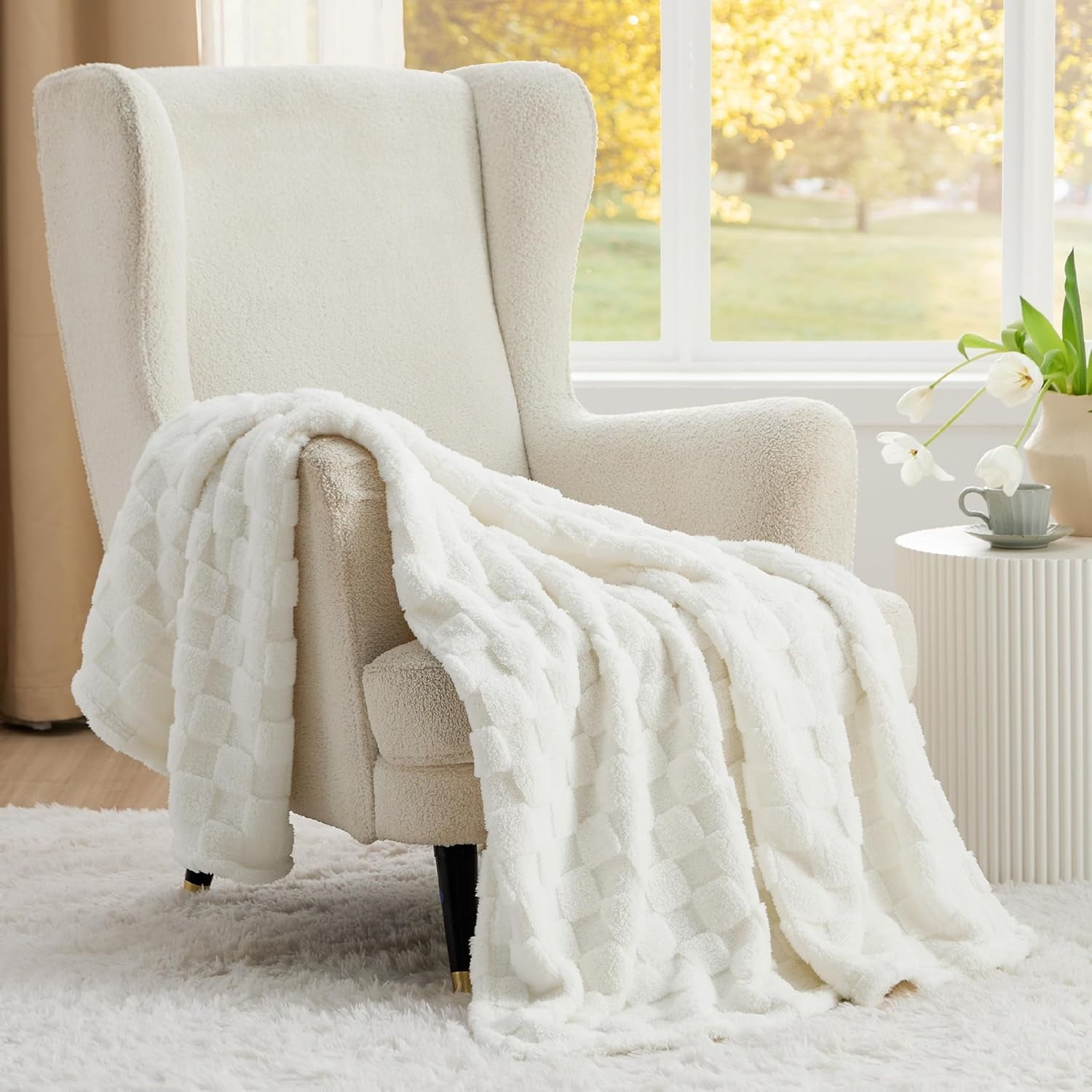 Cozy Comfort by Bedsure Ivory Fleece Throw Blanket for Couch - Super Soft Cozy Blankets for Women, Girls, 50x60 Inches
