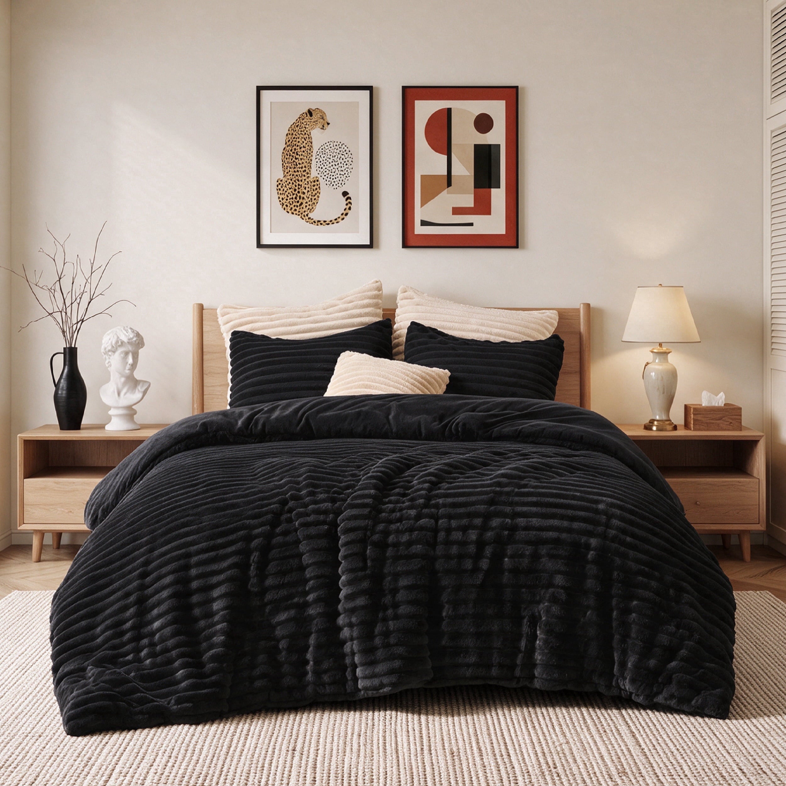 U by Bedsure Fluffy Black Comforter Set Queen, 3 Pieces Super Soft Faux Fur Fleece Queen Bedding Set, 1 Luxury Shaggy Fuzzy Comforter with 2 Pillowcases New