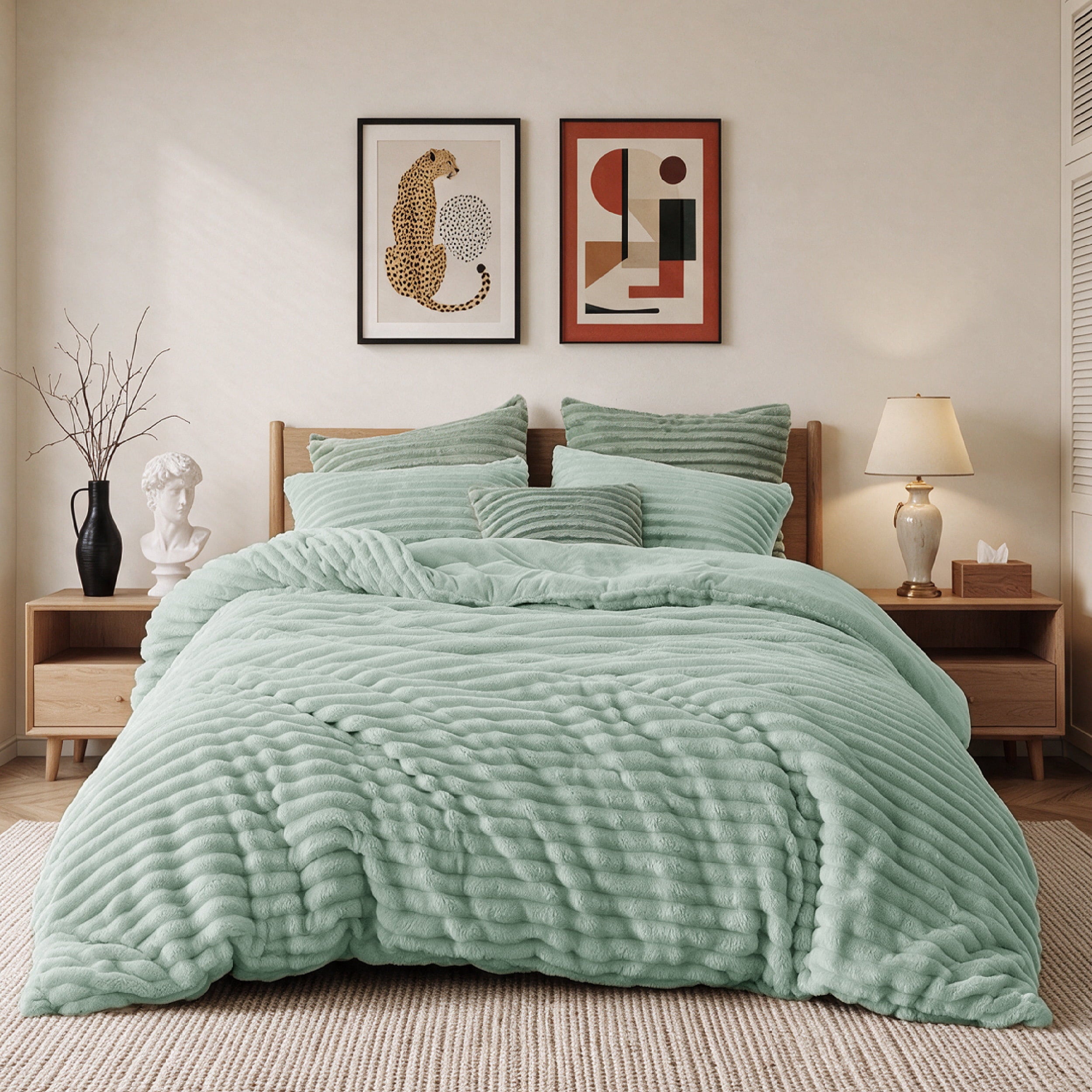 U by Bedsure 3 Pieces Fluffy Comforter Set, Super Soft Faux Fur Fleece Queen Bedding Set, 1 Luxury Shaggy Fuzzy Jadeite Green Comforter with 2 Pillowcases New