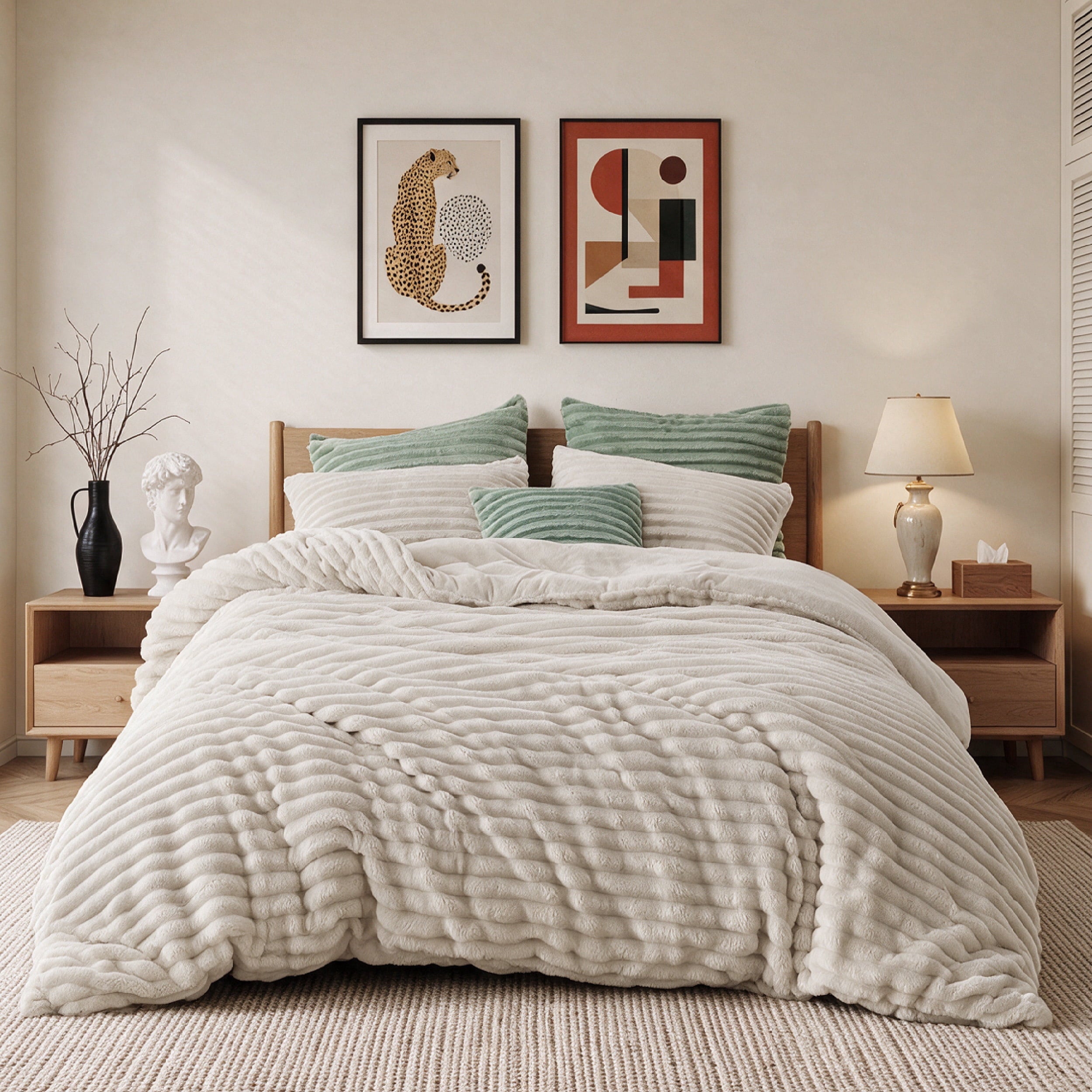 U by Bedsure 3 Pieces Fluffy King Comforter Set, Super Soft Faux Fur Fleece Bedding Set, 1 Luxury Shaggy Fuzzy Beige Comforter with 2 Pillowcases New