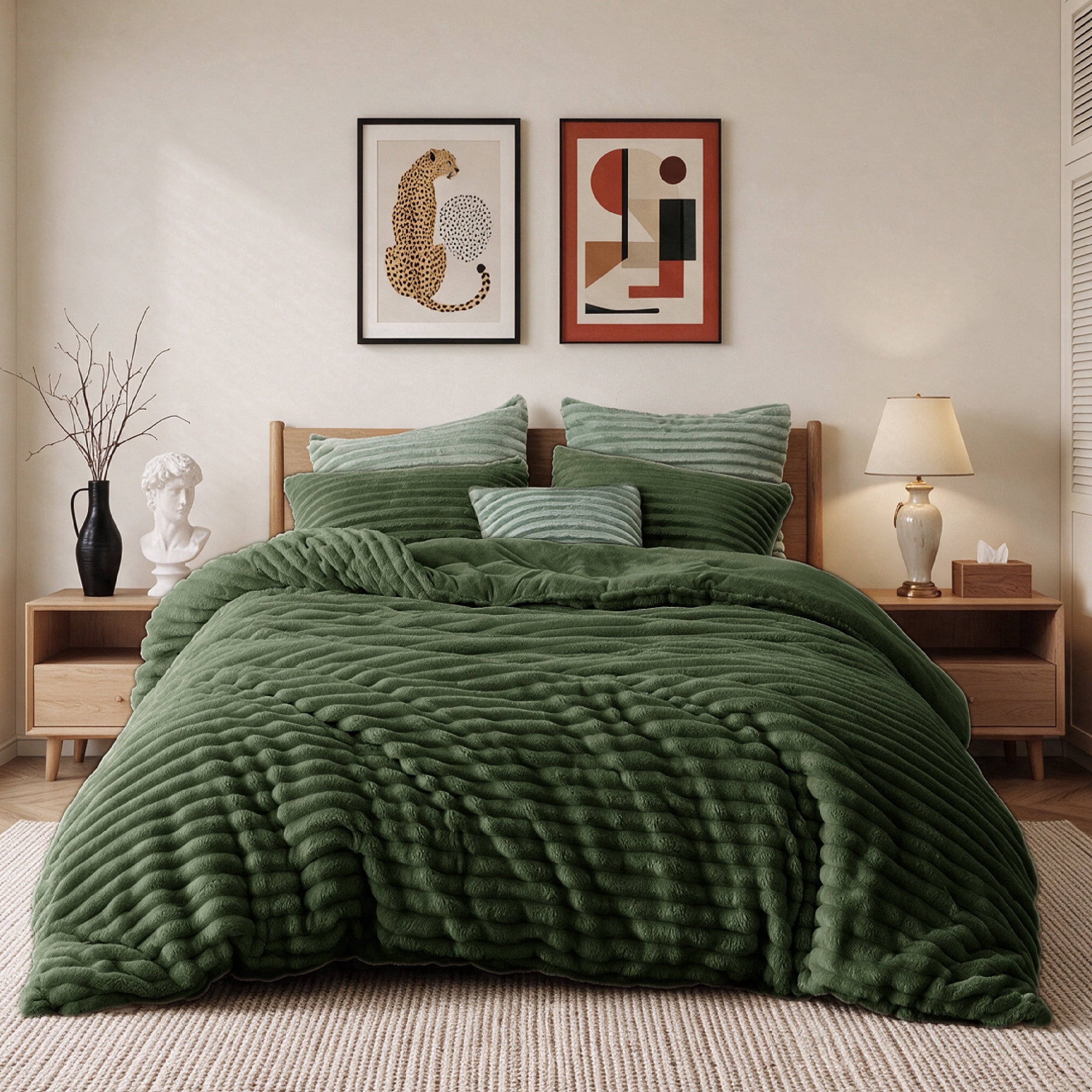 U by Bedsure Fluffy Bronze Green Comforter Set Queen, 3 Pieces Super Soft Faux Fur Fleece Queen Bedding Set, 1 Luxury Shaggy Fuzzy Comforter with 2 Pillowcases New