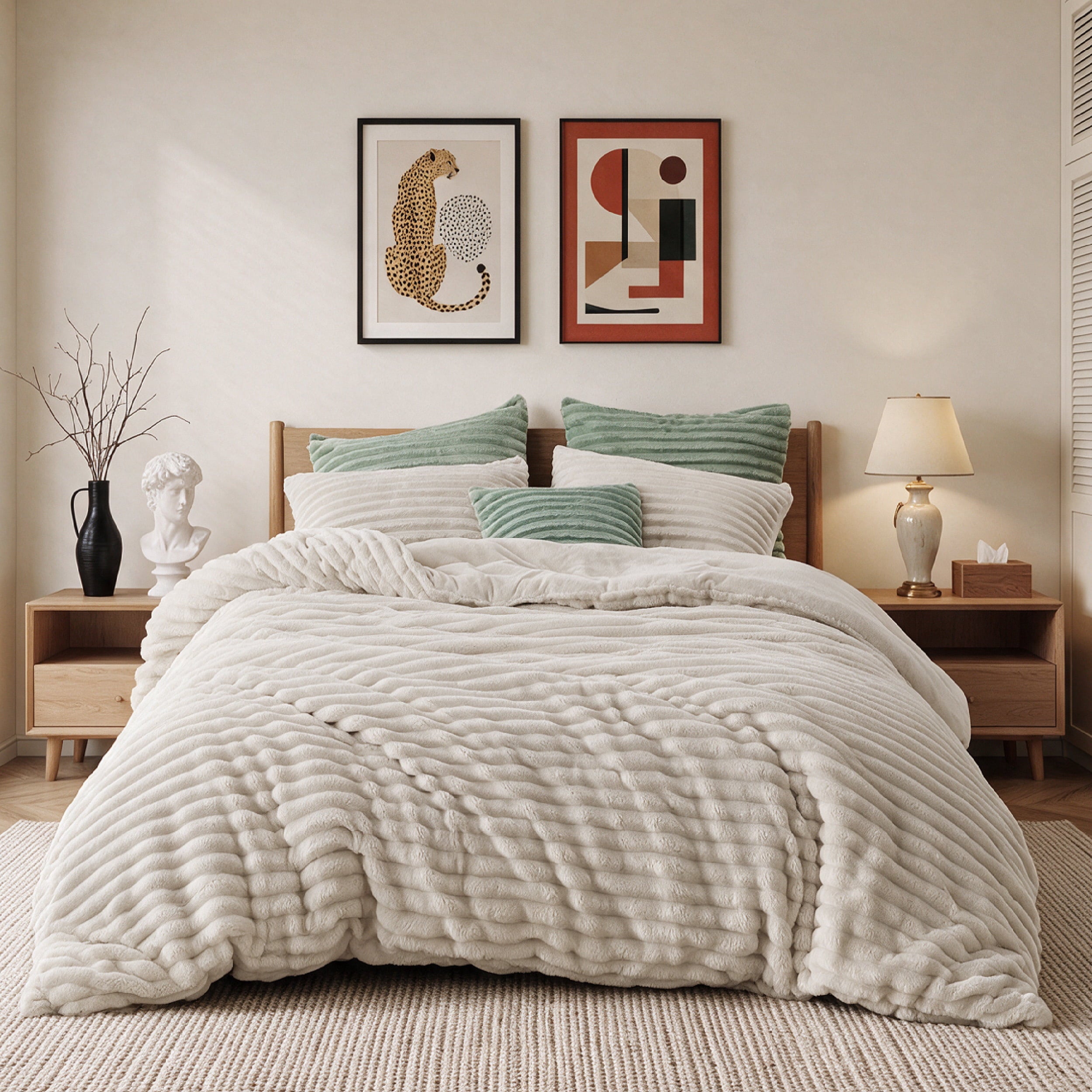U by Bedsure 3 Pieces Fluffy Queen Comforter Set, Super Soft Faux Fur Fleece Bedding Set, 1 Luxury Shaggy Fuzzy Beige Comforter with 2 Pillowcases New