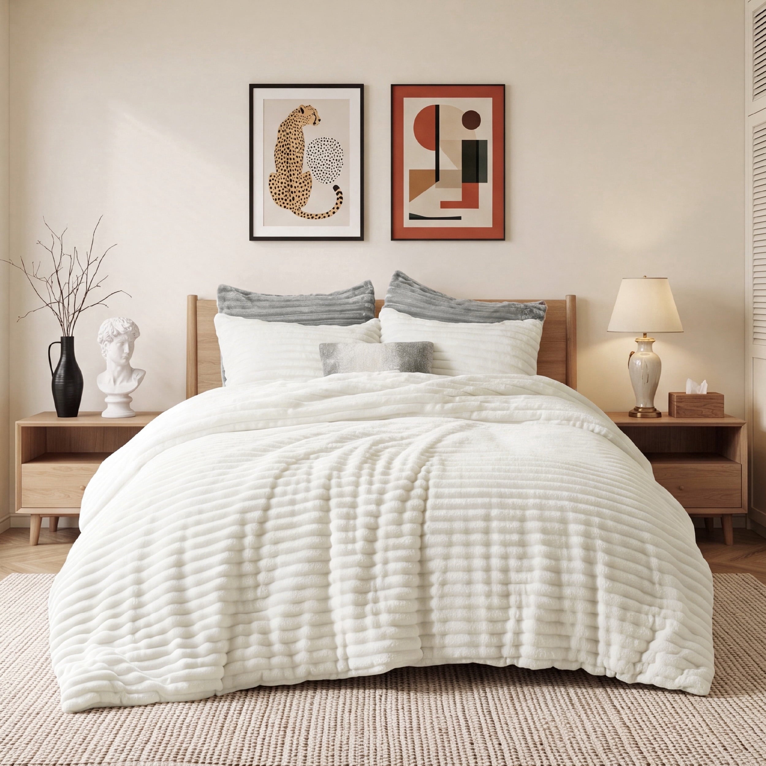 U by Bedsure Fluffy Comforter Set King - 3 Pieces Super Soft Faux Fur Comforter, White, Plush Fuzzy Bed Set, 1 Shaggy Comforter with 2 Pillowcases New