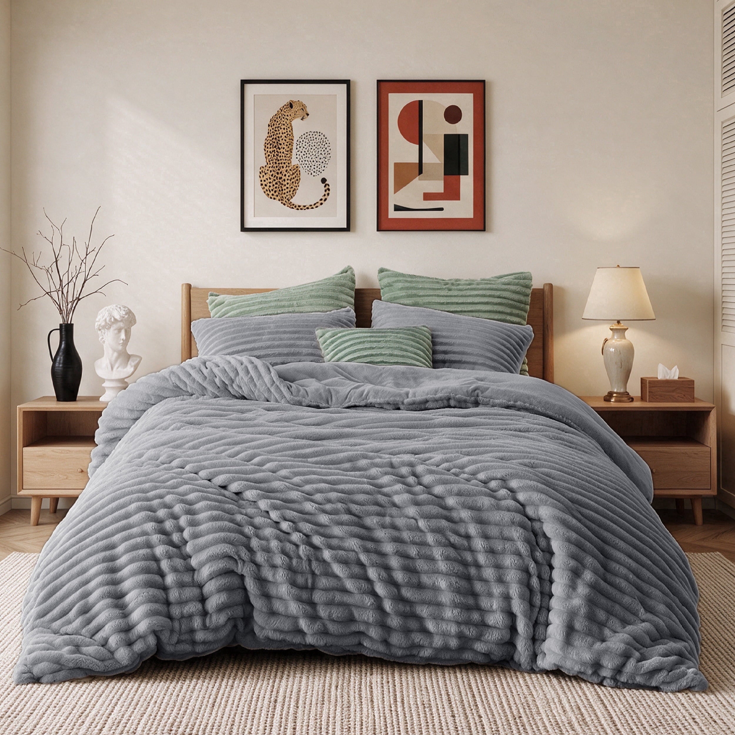 U by Bedsure Fluffy Gray Comforter Set Queen, 3 Pieces Super Soft Faux Fur Fleece Queen Bedding Set, 1 Luxury Shaggy Fuzzy Comforter with 2 Pillowcases New