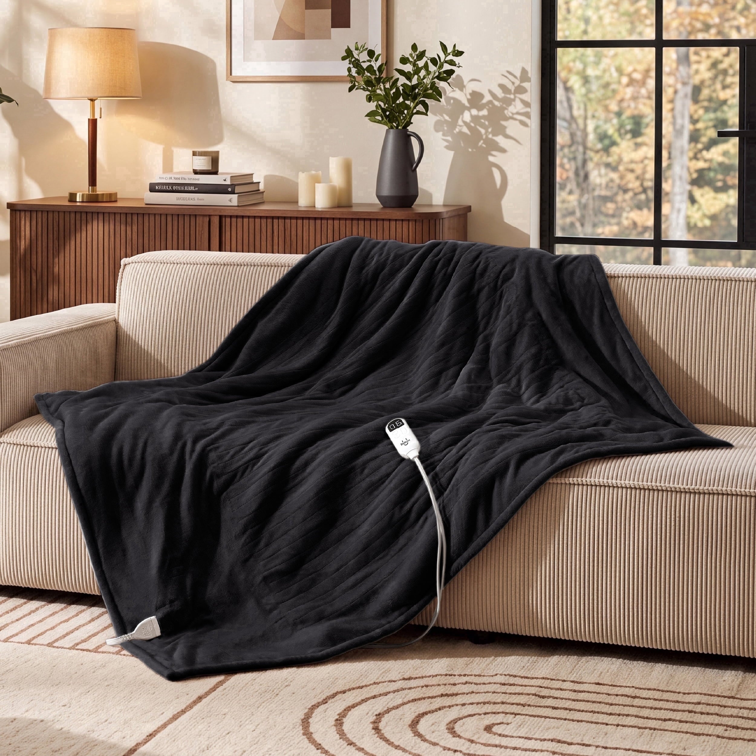 U by Bedsure Electric Heated Blanket Throw Size 50" x 60" with Preheat Function, Soft Flannel Black, Fast Heating with 6 Time Settings (Up to 10H) & 6 Heat Settings, Gifts for Grandma New