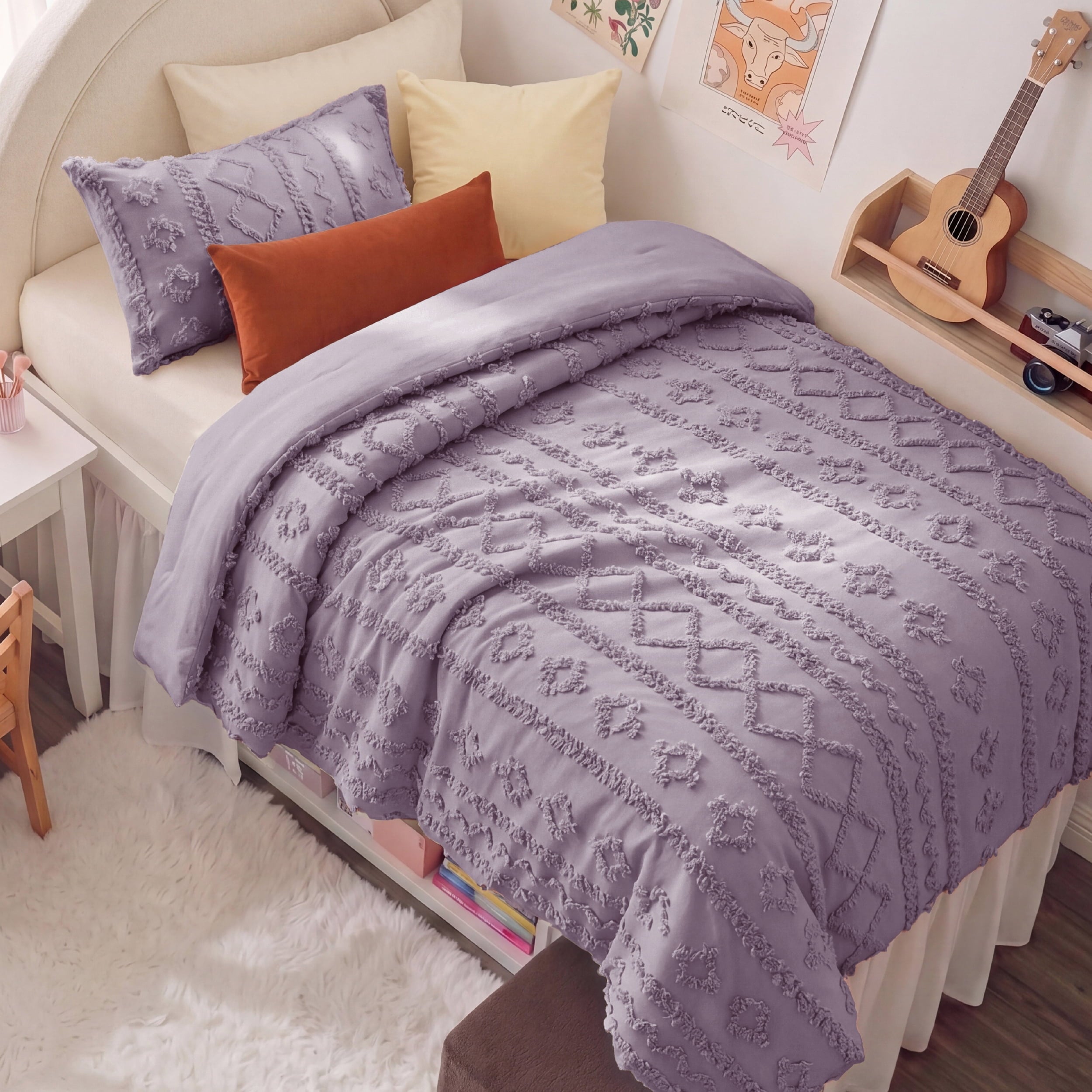 U by Bedsure Twin/Twin XL Tufted Boho Comforter Set, 2 Pieces Farmhouse Shabby Chic Embroidery Bed Set, Soft Jacquard Grayish Purple Comforter for All Seasons New