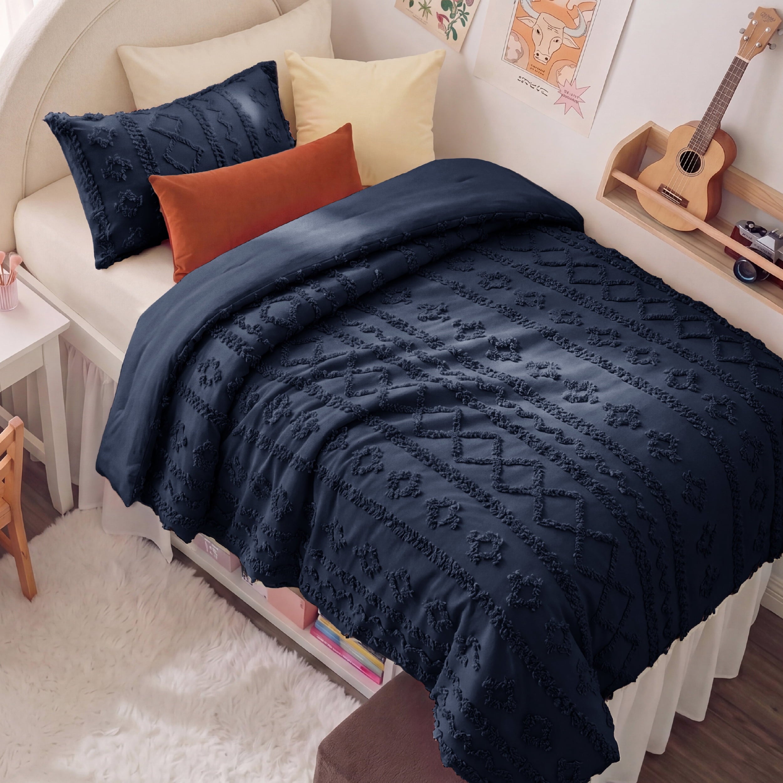 U by Bedsure Twin/Twin XL Tufted Boho Comforter Set, 2 Pieces Farmhouse Shabby Chic Embroidery Bed Set, Soft Jacquard Navy Comforter for All Seasons New
