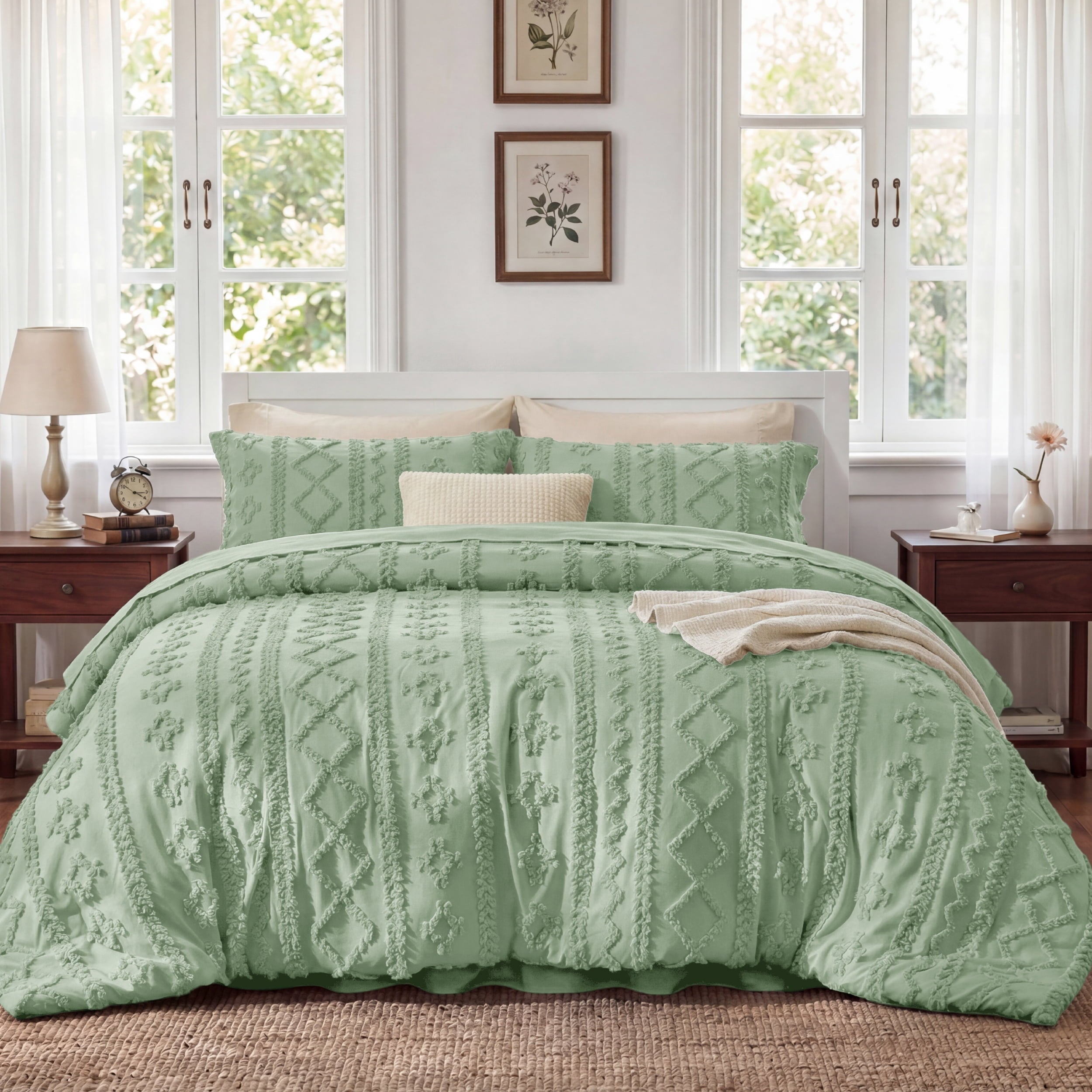 U by Bedsure Tufted Boho Full Comforter Set, 3 Pieces Farmhouse Shabby Chic Embroidery Bed Set, Soft Jacquard Green Comforter for All Seasons, Aqua Gray New