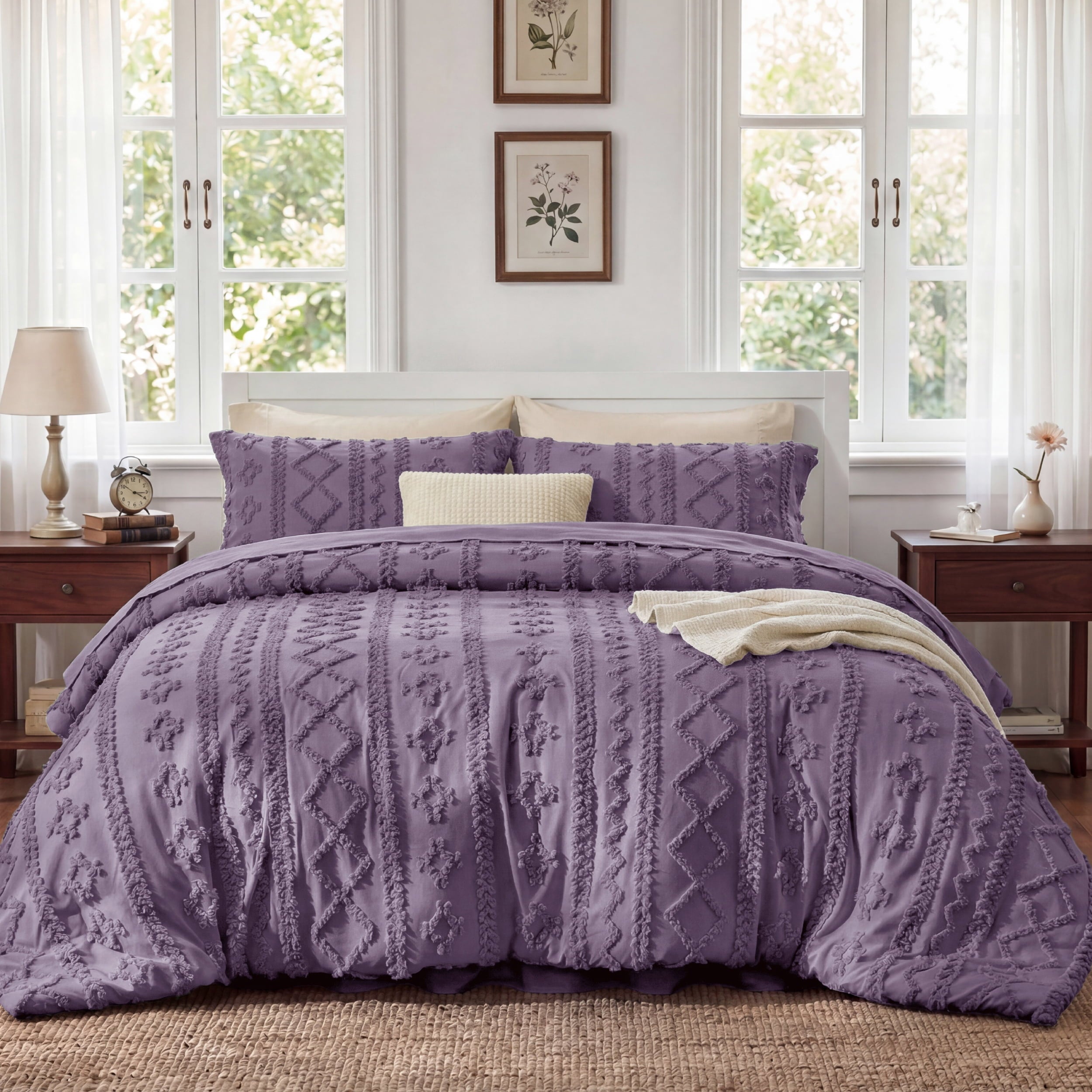 U by Bedsure King Tufted Boho Comforter Set, 3 Pieces Farmhouse Shabby Chic Embroidery Bed Set, Soft Jacquard Grayish Purple Comforter for All Seasons New