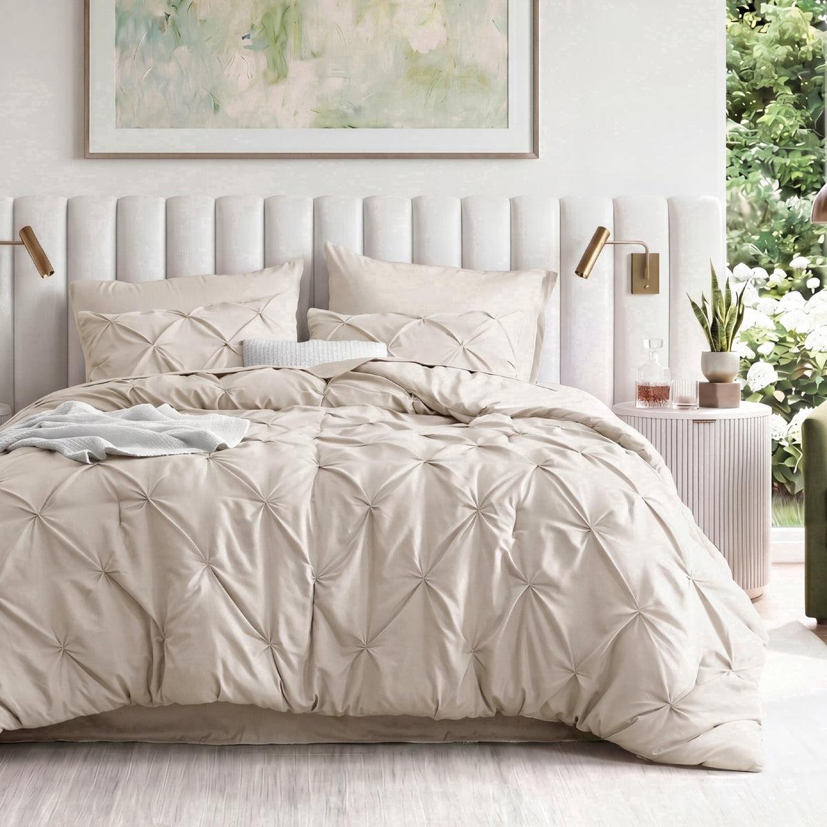 U by Bedsure Cal King Comforter Set Beige, Bed in a Bag California King Size Bedding, 7 Pieces Pinch Pleat All Season Comforter with Sheets, Pillowcases & Shams New