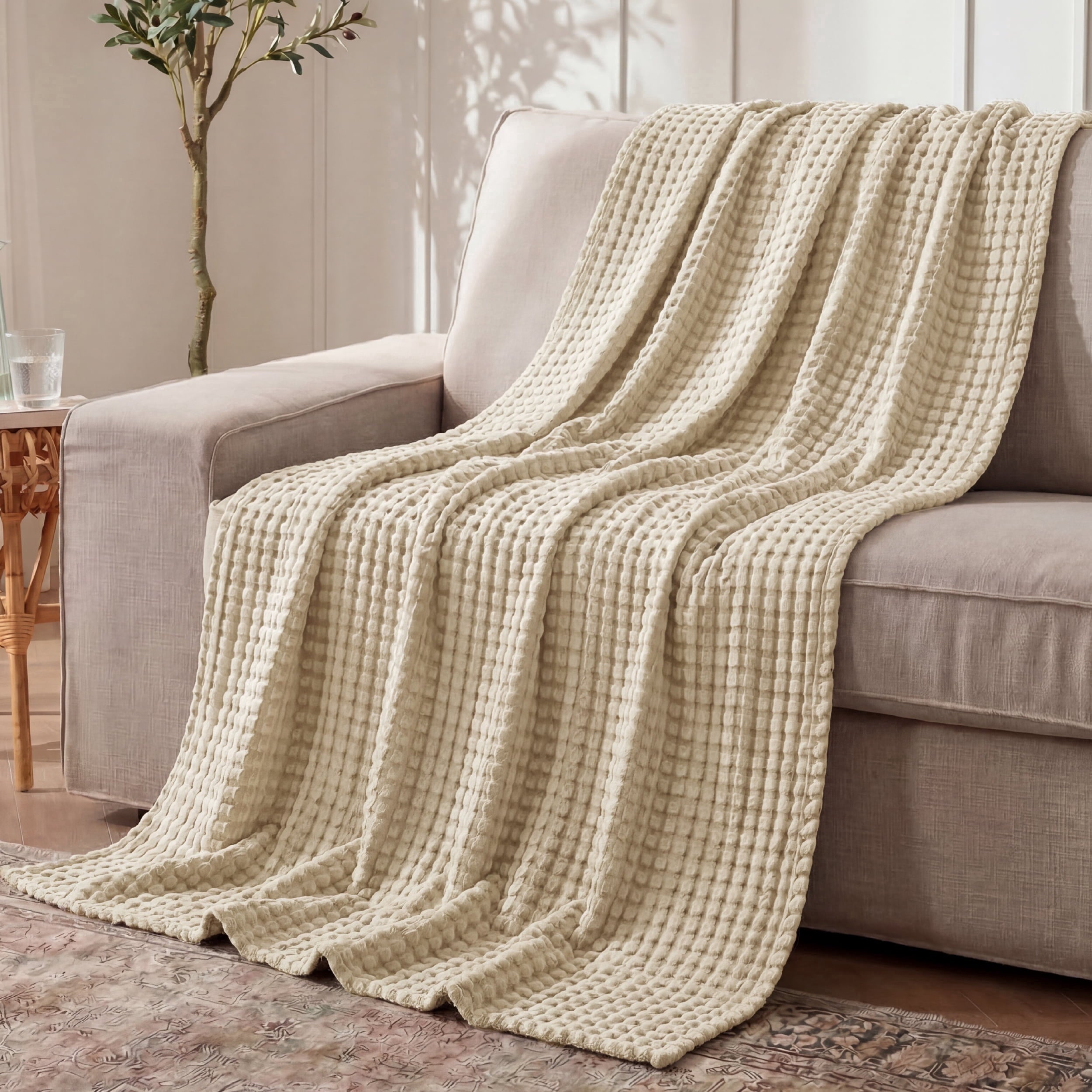 U by Bedsure Cooling Cotton Waffle Breathable Rayon Derived from Bamboo Twin XL Blanket, Warm Taupe, 66x90 inches