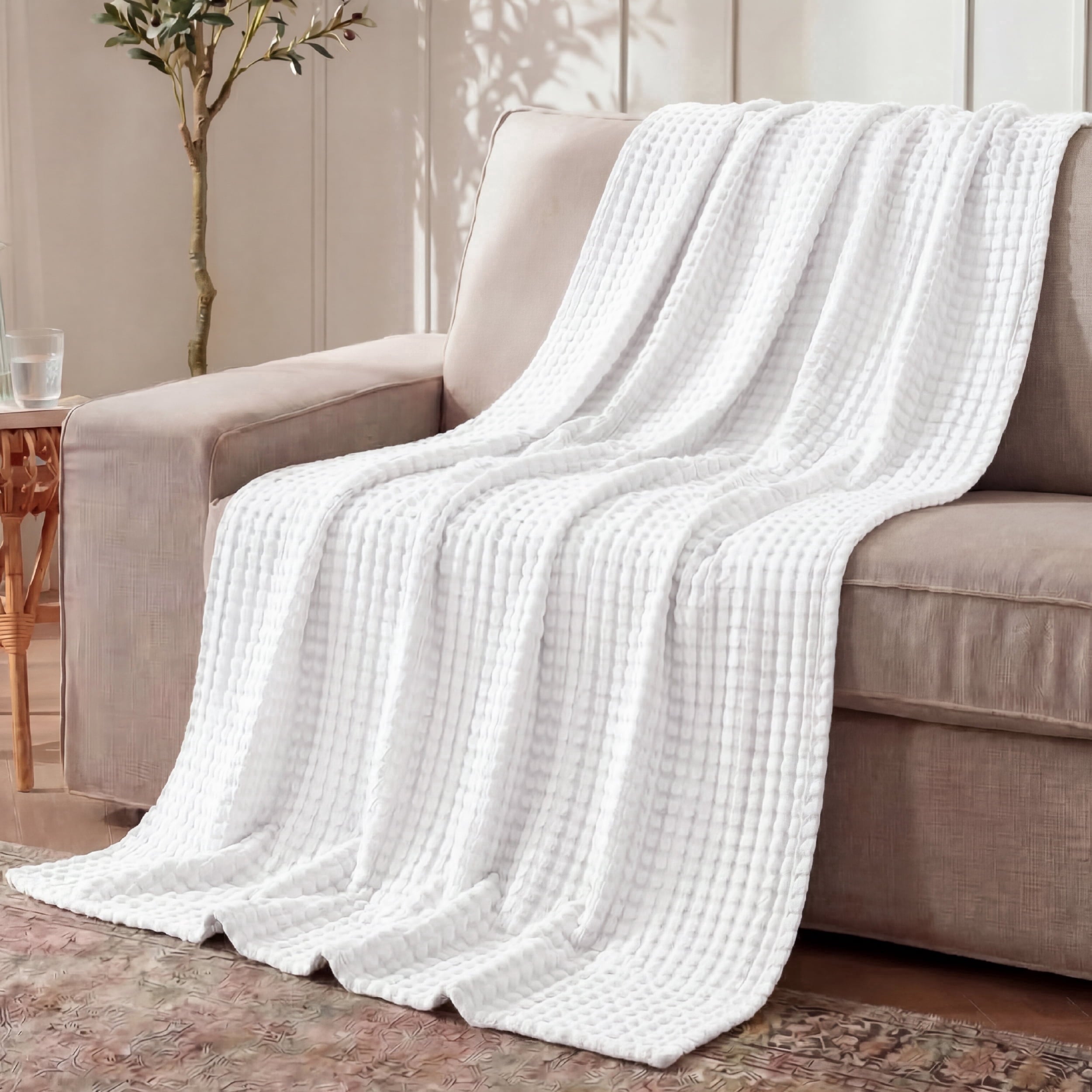 U by Bedsure Cooling Cotton Waffle Breathable Rayon Derived from Bamboo Twin XL Blanket, White, 66x90 inches New