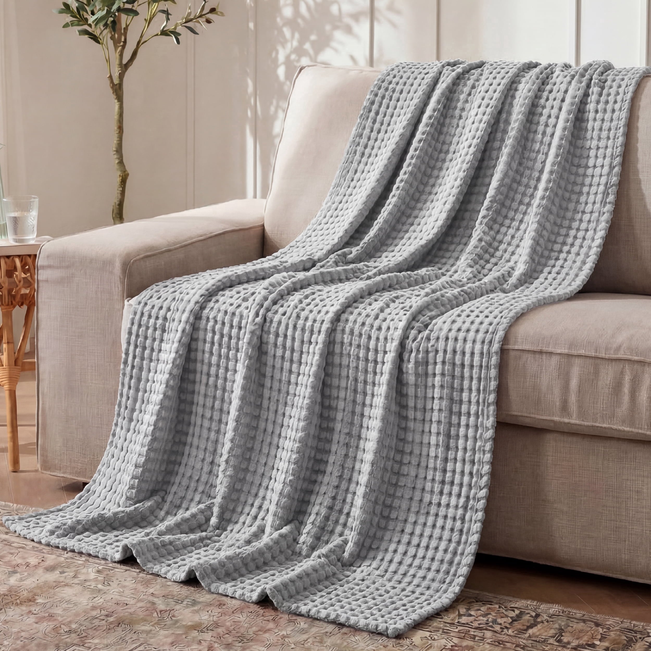U by Bedsure Cooling Cotton Waffle Breathable Rayon Derived from Bamboo Twin XL Blanket, Grey,66x90 inches