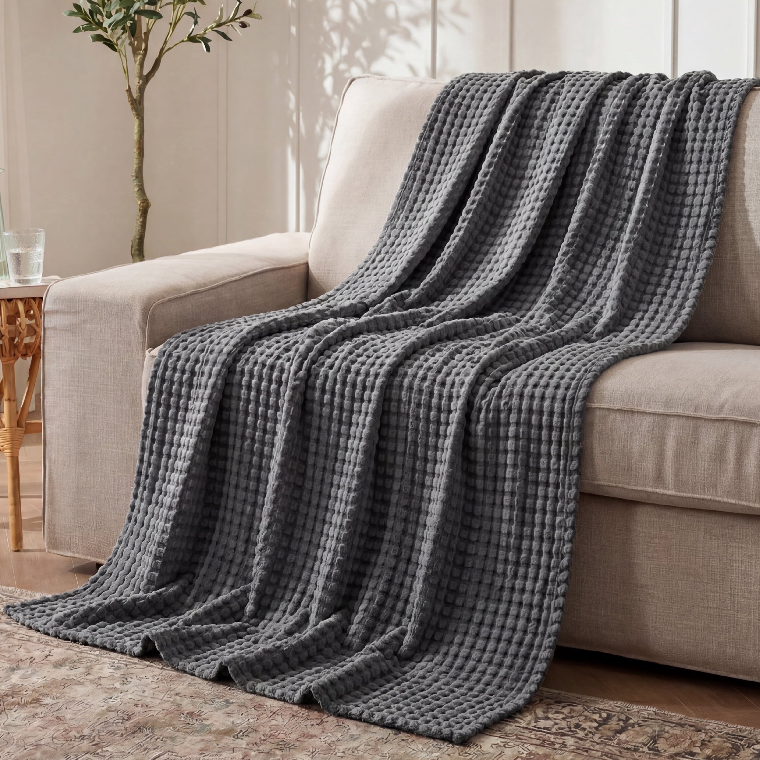 U by Bedsure Cooling Cotton Waffle Breathable Rayon Derived from Bamboo Twin XL Blanket,Dark Grey,66x90 inches