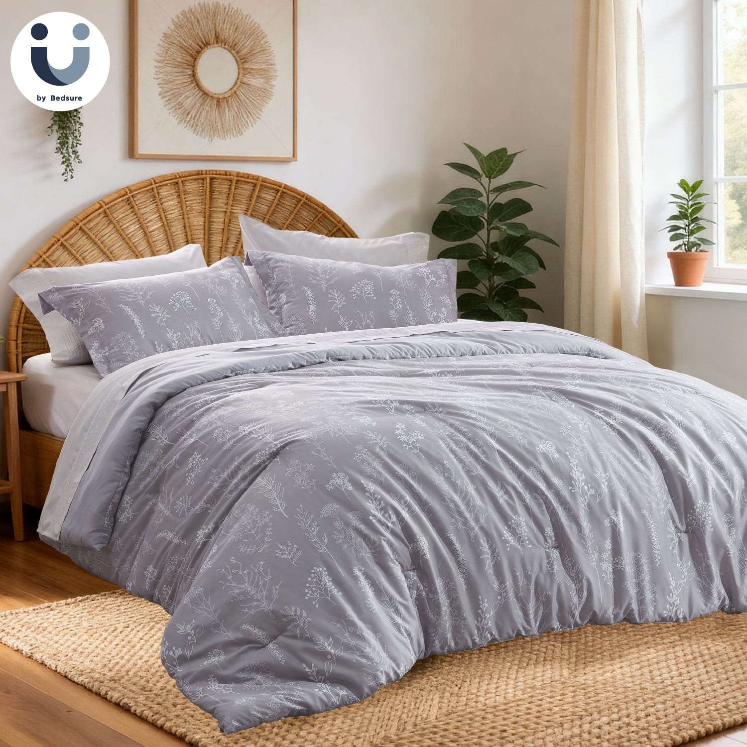 3 Pieces Comforter Sets, 1 Soft Reversible Botanical Flowers Comforter and 2 Pillow Shams, Frost Gray, Twin Size