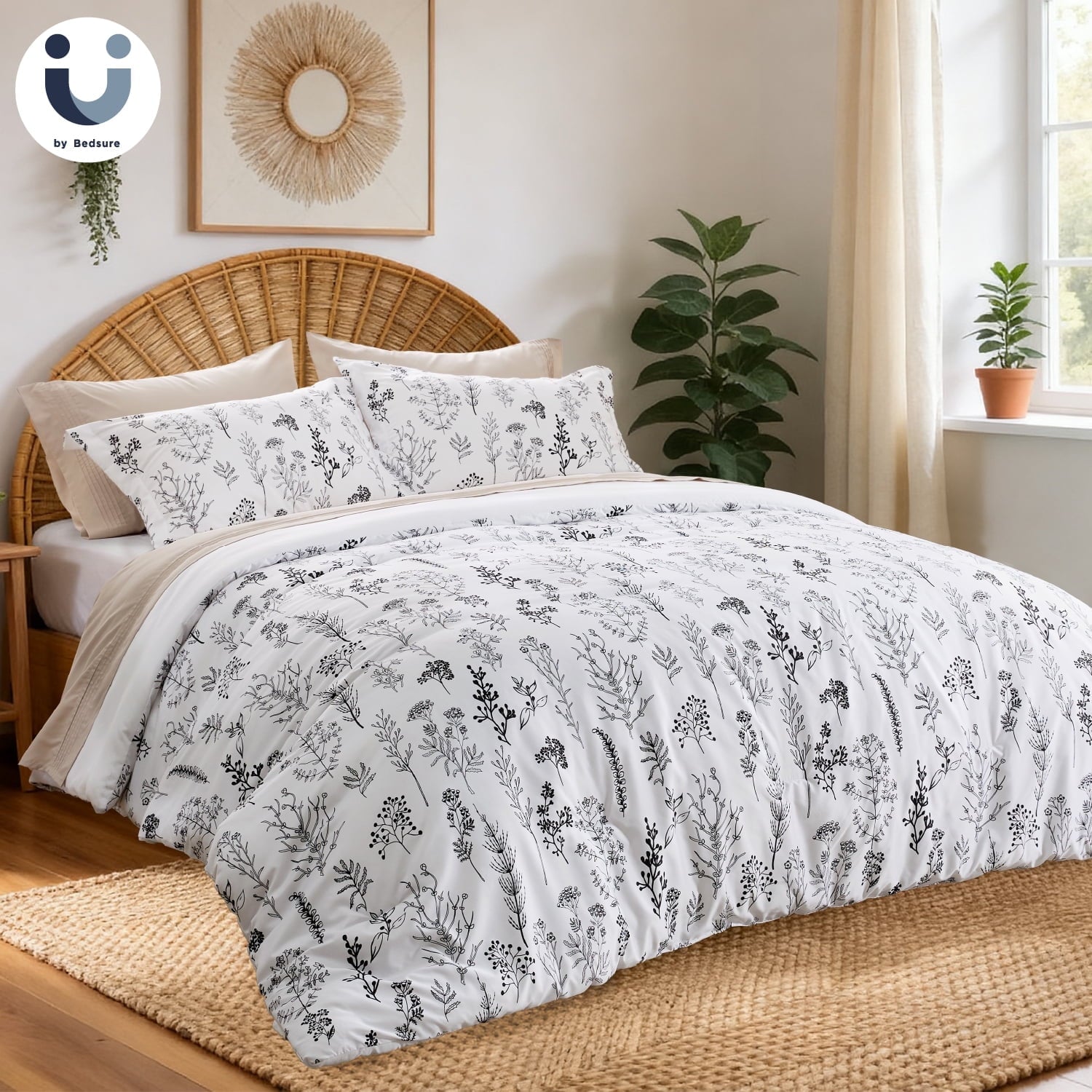 3 Pieces Comforter Sets, 1 Soft Reversible Botanical Flowers Comforter and 2 Pillow Shams, White, Queen Size