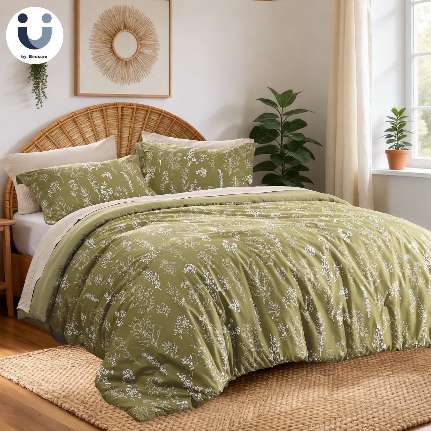3 Pieces Olive Green King Size Comforter Sets, Cute Flowers Botanical Lightweight Soft Bedding Set with 2 Pillow Shams