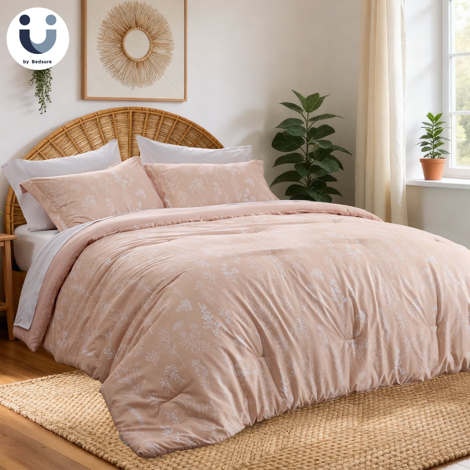 3 Pieces Rose Dust Twin Size Comforter Sets, Cute Flowers Botanical Lightweight Soft Bedding Set with 2 Pillow Shams