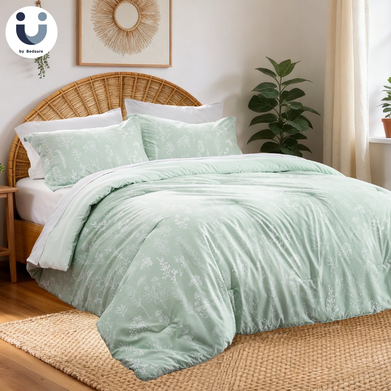 3 Pieces Sage Green Floral Comforter Sets, 1 Soft Reversible Botanical Flowers Comforter and 2 Pillow Shams, Twin Size