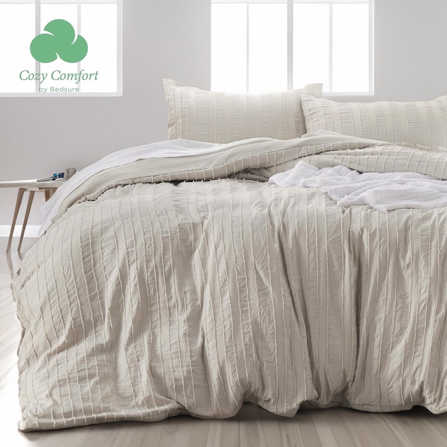 U by Bedsure Boho Comforter Set Full - Linen Color Tufted, 3 Pieces Farmhouse Shabby Chic Embroidery Bed Set, Striped Pattern Comforter for All Seasons