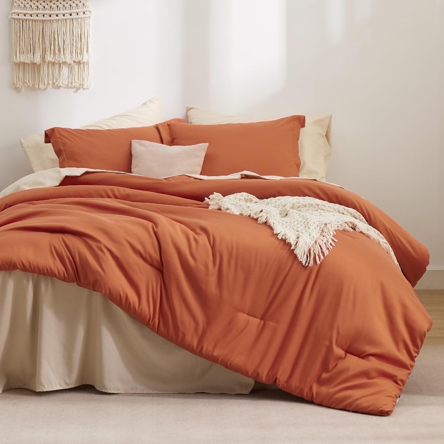 U by Bedsure Burnt Orange Comforter Set Queen Size, 7 Pieces Soft Comforter for Queen Size Bed with Sheets, Pillowcases & Shams, All Season Boho, Contrasting Design