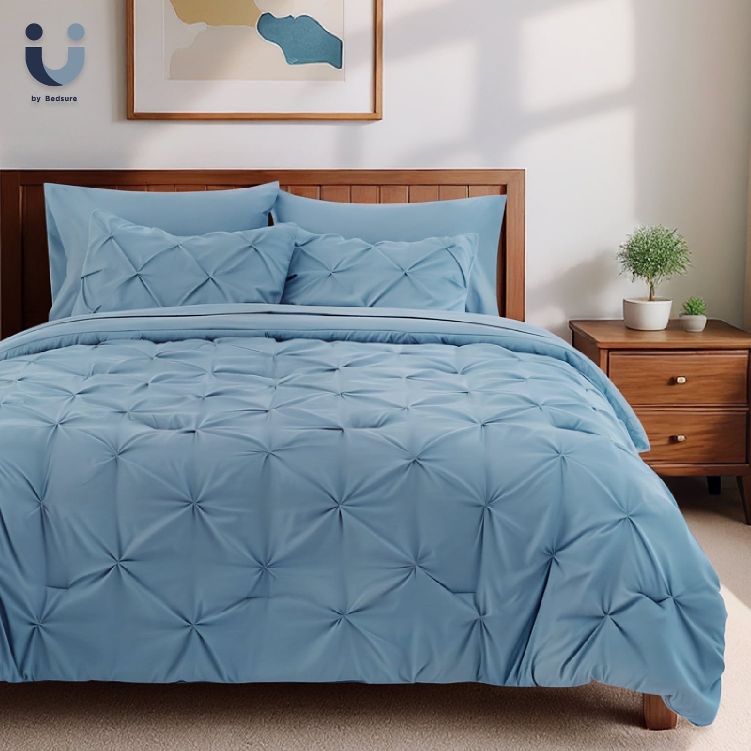 U by Bedsure Dorm Bedding Twin Comforter Set - 5 Pieces Blue Pintuck Bed in A Bag with Comforters, Sheets, Pillowcases & Shams, Mineral Blue