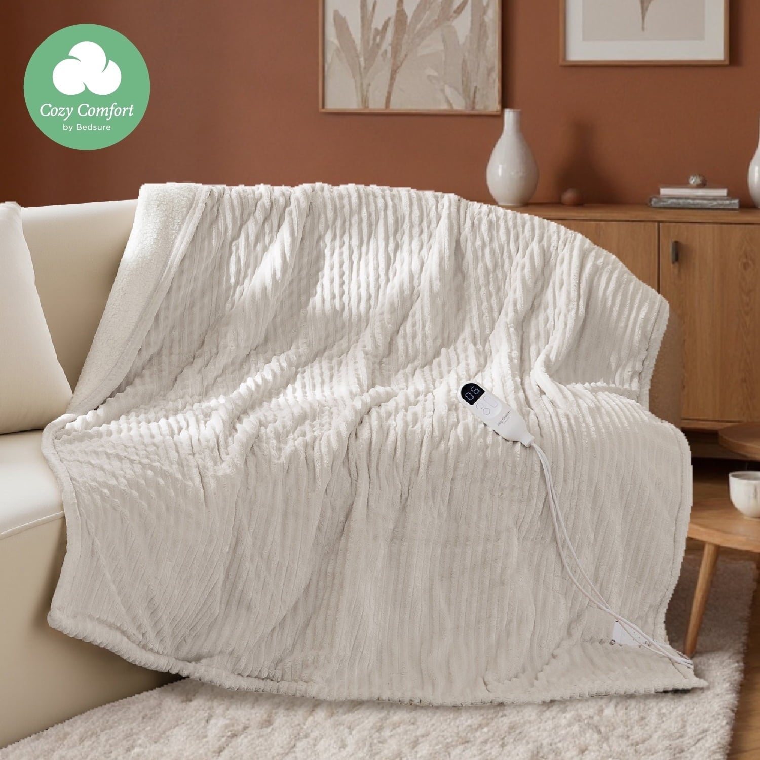 U by Bedsure Electric Blanket Heated Throw - Soft Ribbed Flannel Heated Blanket, Fast Heating Electric Throw with 6 Heating Levels & 4 Time Settings, 3 Hours Auto-Off, 50x60 inches, Natural