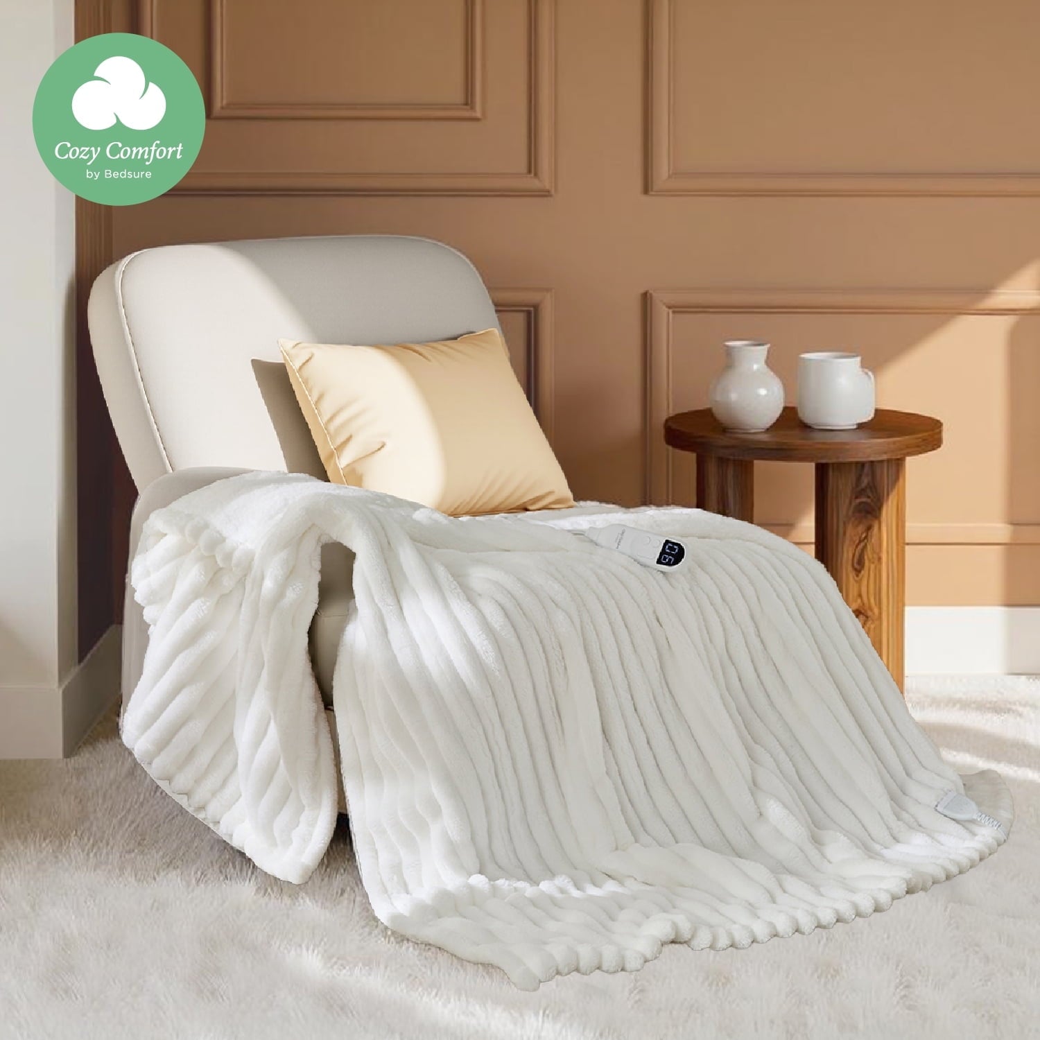 U by Bedsure Electric Blanket Twin, White Thick Striped Flannel Electric Blanket, Heating with 10 Time Settings, 6 Heat Settings, and 8-Hour Timer Auto Shut Off, Gift for Grandma, 62x84 inches