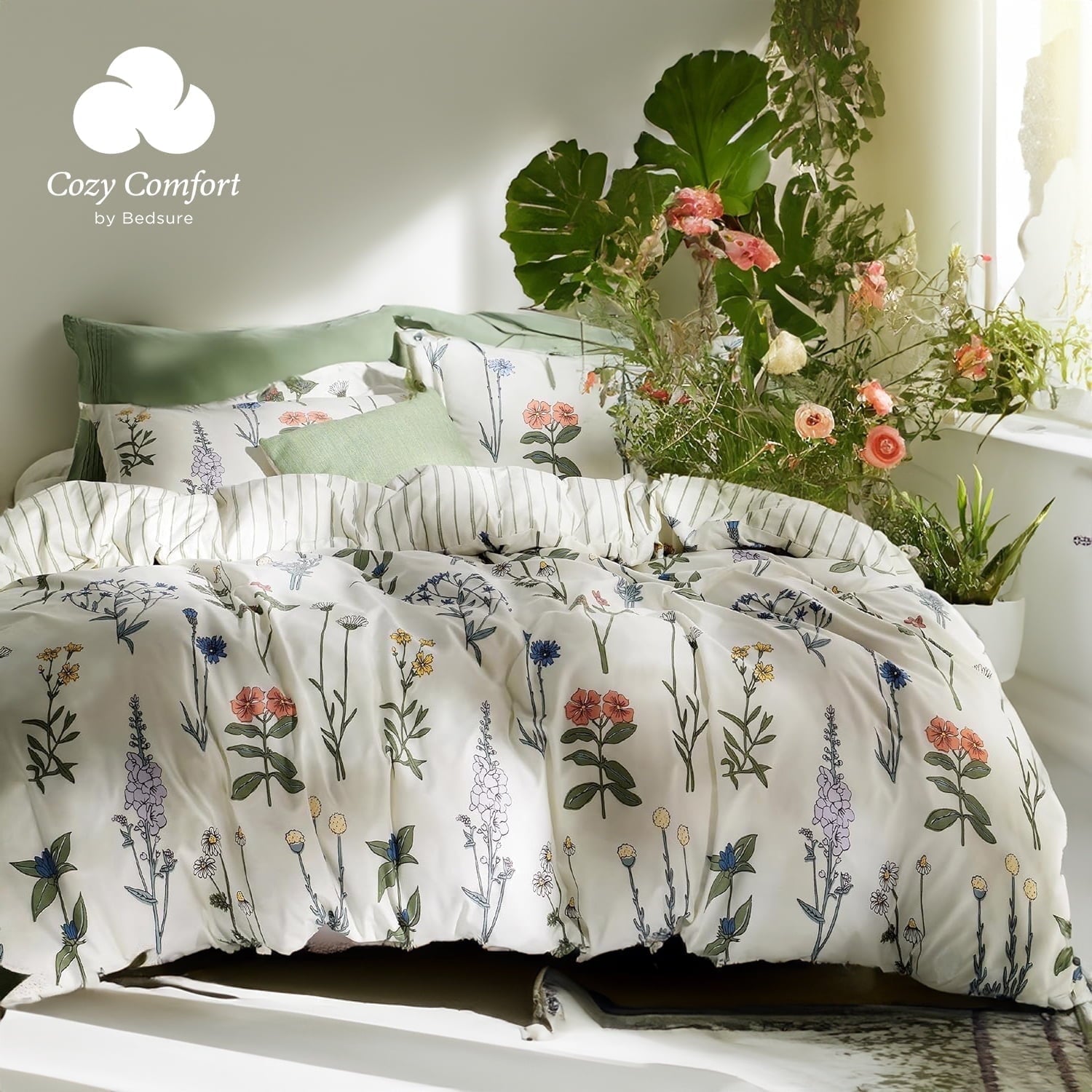 U by Bedsure Floral White Comforter Set - Full Size, Fluffy Soft Microfiber Comforter, 3 Pieces Cute Botanical Bed Set, Includes 2 Pillow Shams for Women