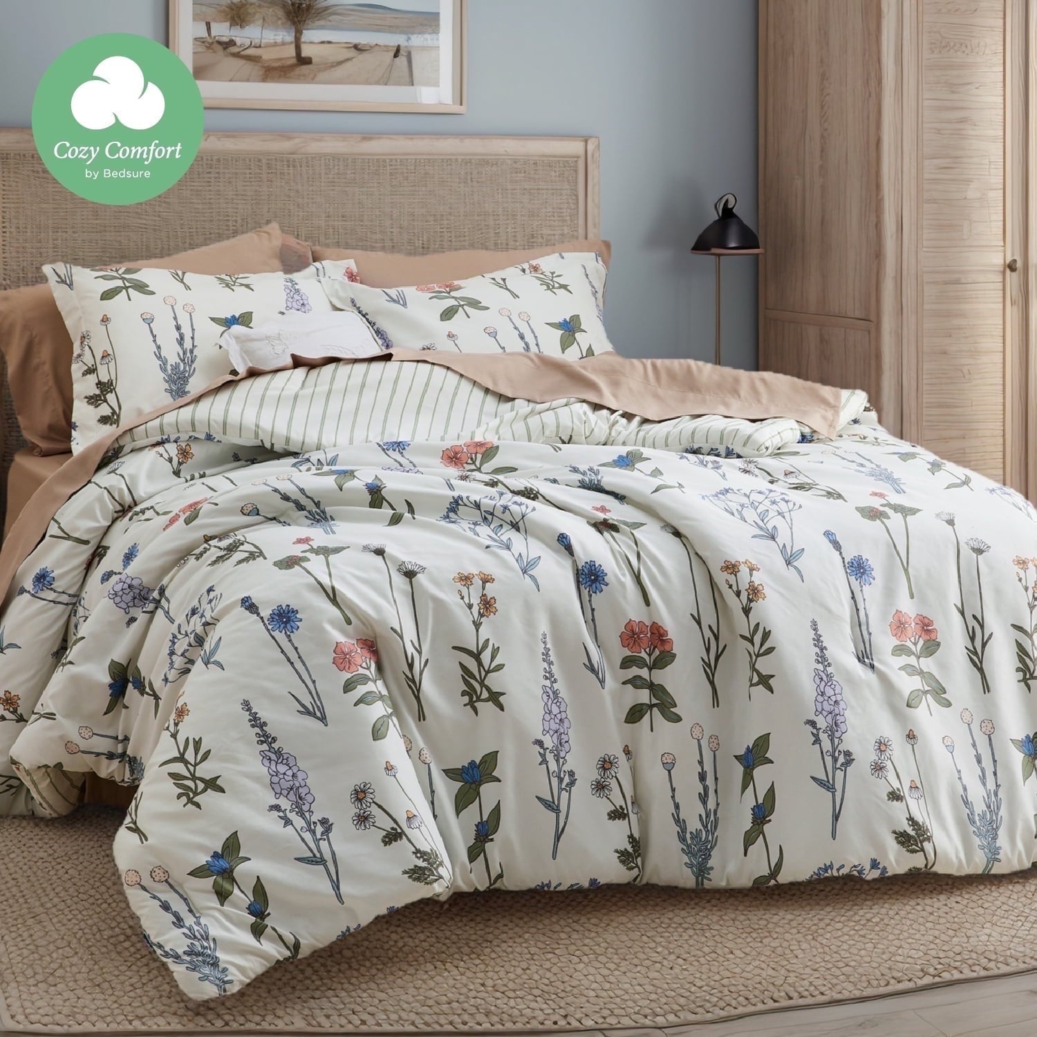 U by Bedsure Floral White Comforter Set - Queen Size, Fluffy Soft Microfiber Comforter, 3 Pieces Cute Botanical Bed Set, Includes 2 Pillow Shams for Women