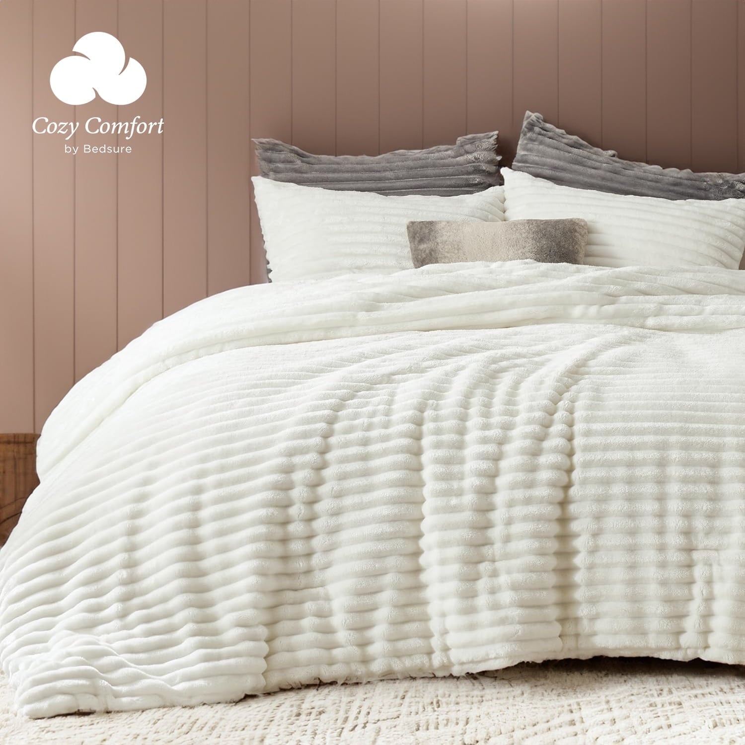 U by Bedsure Fluffy Comforter Set Queen - Super Soft Faux Fur Comforter Queen Size Cream White, Winter Warm Fleece Bedding Set, Plush Fuzzy Bed Set, 3 Pieces, 1 Shaggy Comforter with 2 Pillowcases