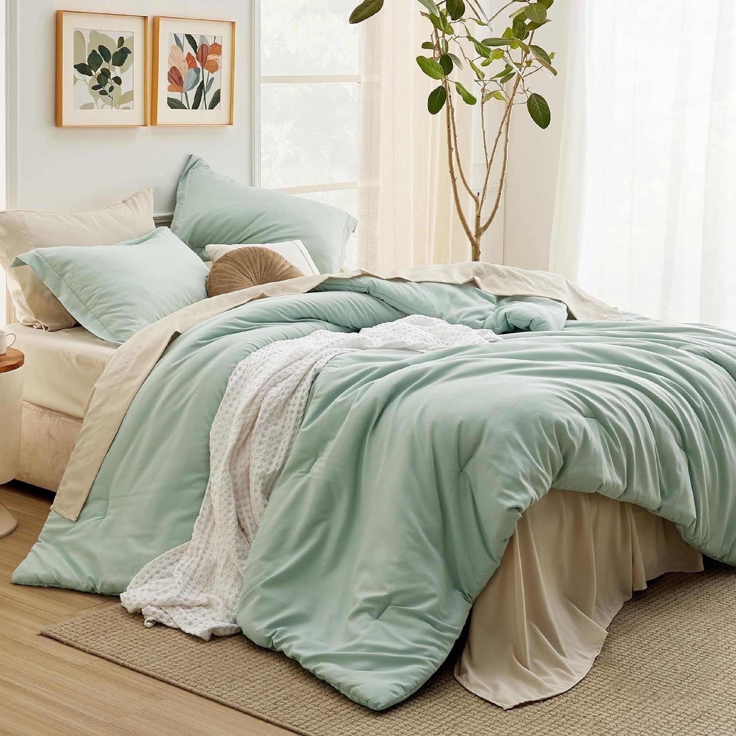 U by Bedsure Full Size Comforter Set Sage Green, 7 Pieces Soft Bedding Sets with Comforter, Sheets, Pillowcases & Shams, All Season Boho, Contrasting Design