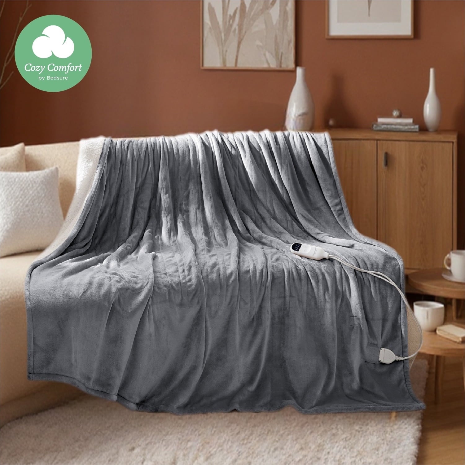 U by Bedsure Heated Blanket Electric Full, Flannel Electric Blanket, with 10 Time Settings, 6 Heat Settings, and 8 hrs Timer Auto Shut Off, Grey