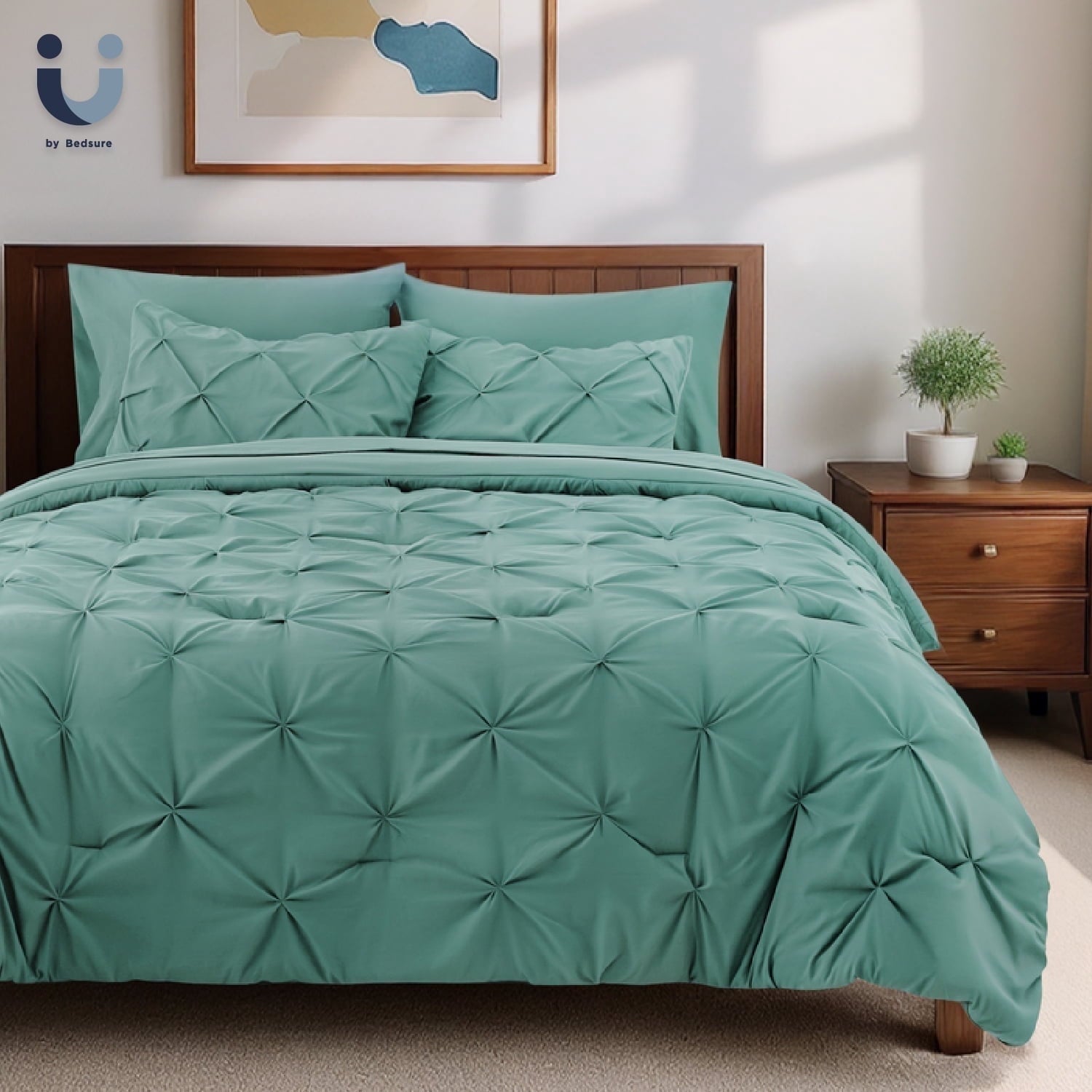 U by Bedsure King Comforter Set 7 Pieces- Pinch Pleat Bed in A Bag with Comforters, Sheets, Pillowcases & Shams, Pea Green