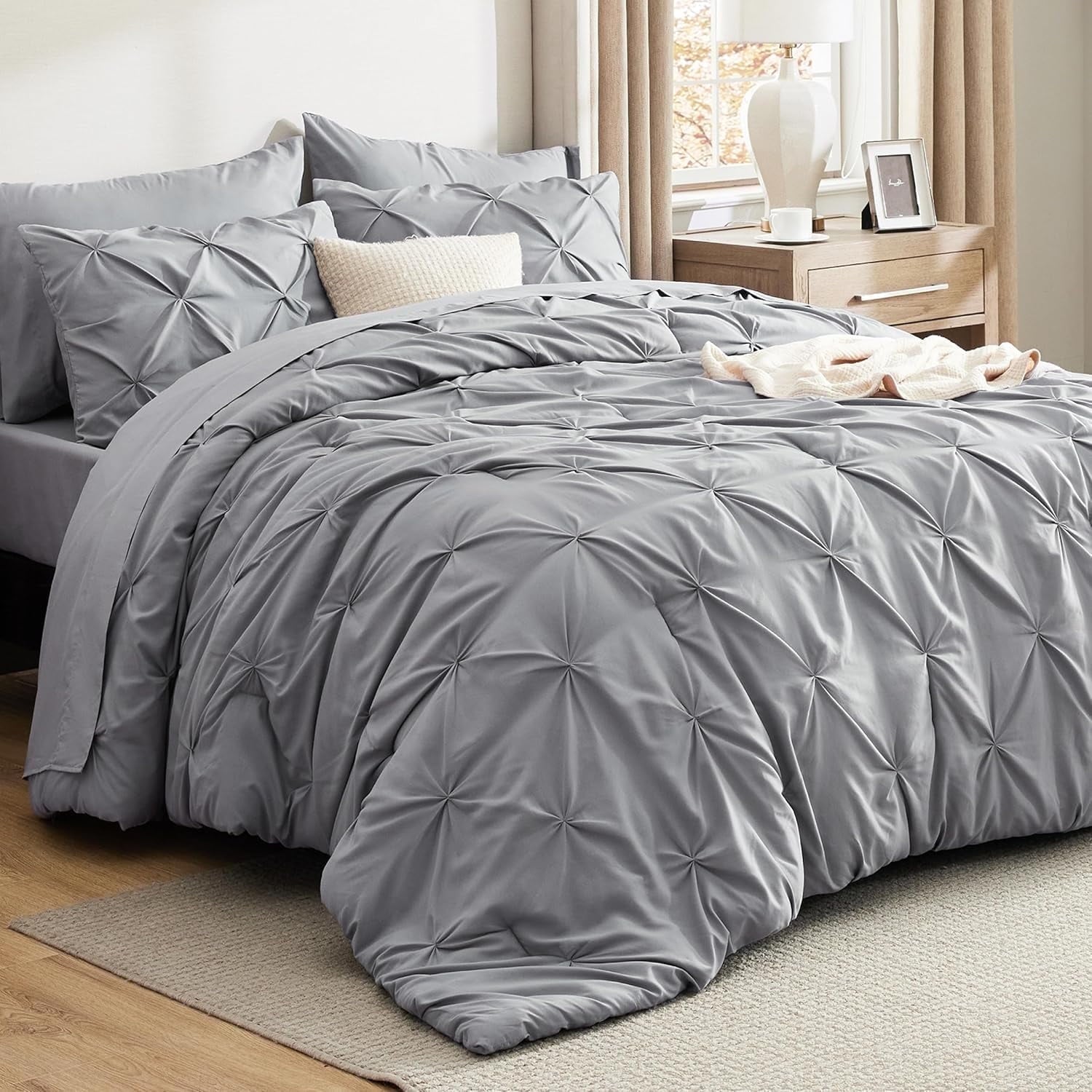U by Bedsure King Comforter Set 7 Pieces- Pinch Pleat Grey Bed in A Bag with Comforters, Sheets, Pillowcases & Shams
