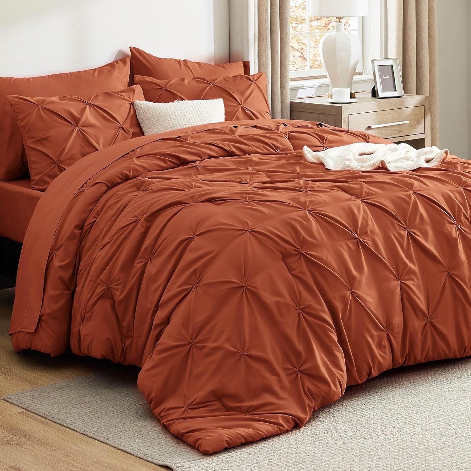U by Bedsure King Size Comforter Set - Bedding Set King 7 Pieces, Pintuck Bed in a Bag Burnt Orange Bed Set with Comforter, Sheets, Pillowcases & Shams