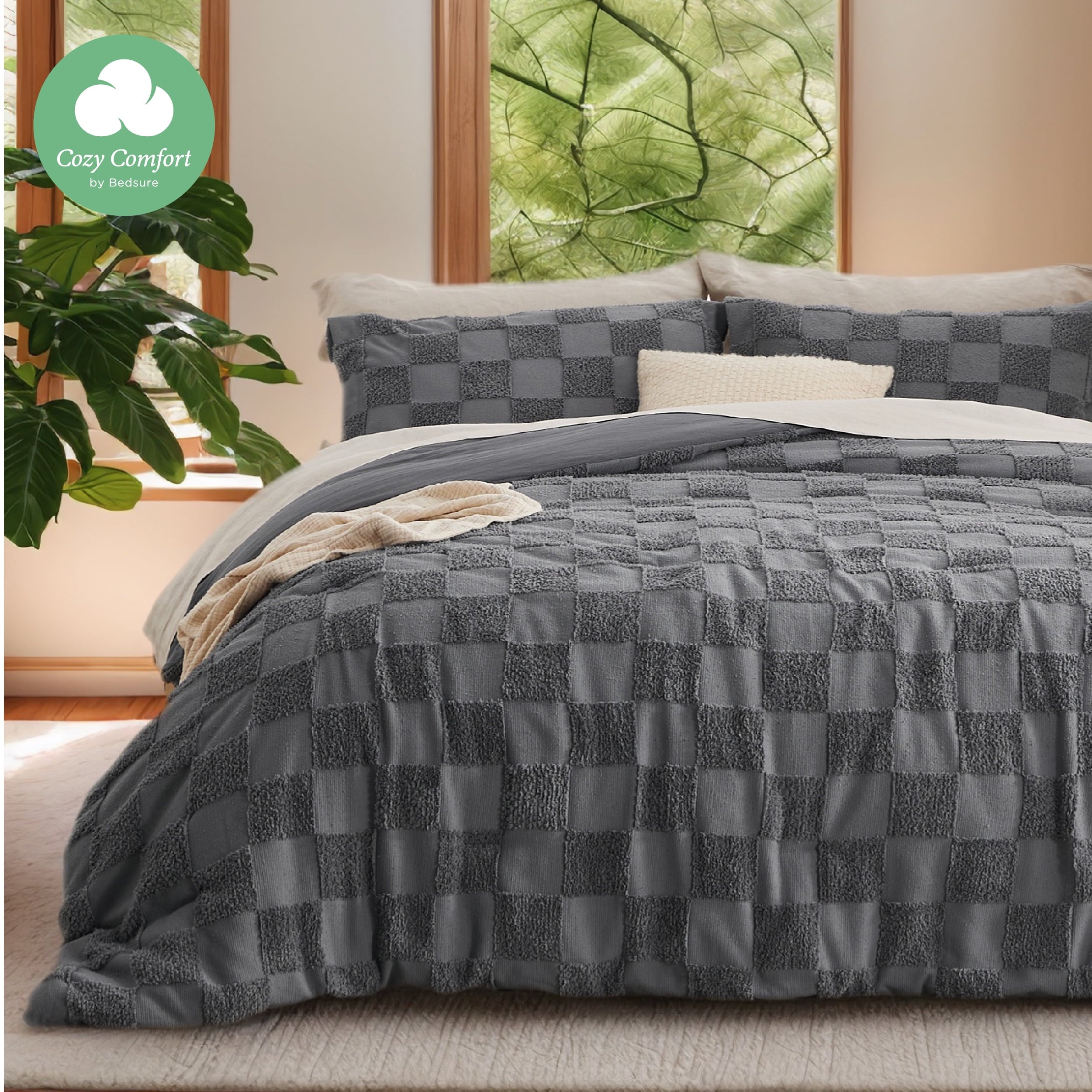 U by Bedsure King Size Comforter Set Dark Grey, Boho Tufted Bed Set, Checkered Farmhouse Shabby Chic Bedding, 3 Pieces, 1 Plaid Geometric Comforter and 2 Pillow Shams