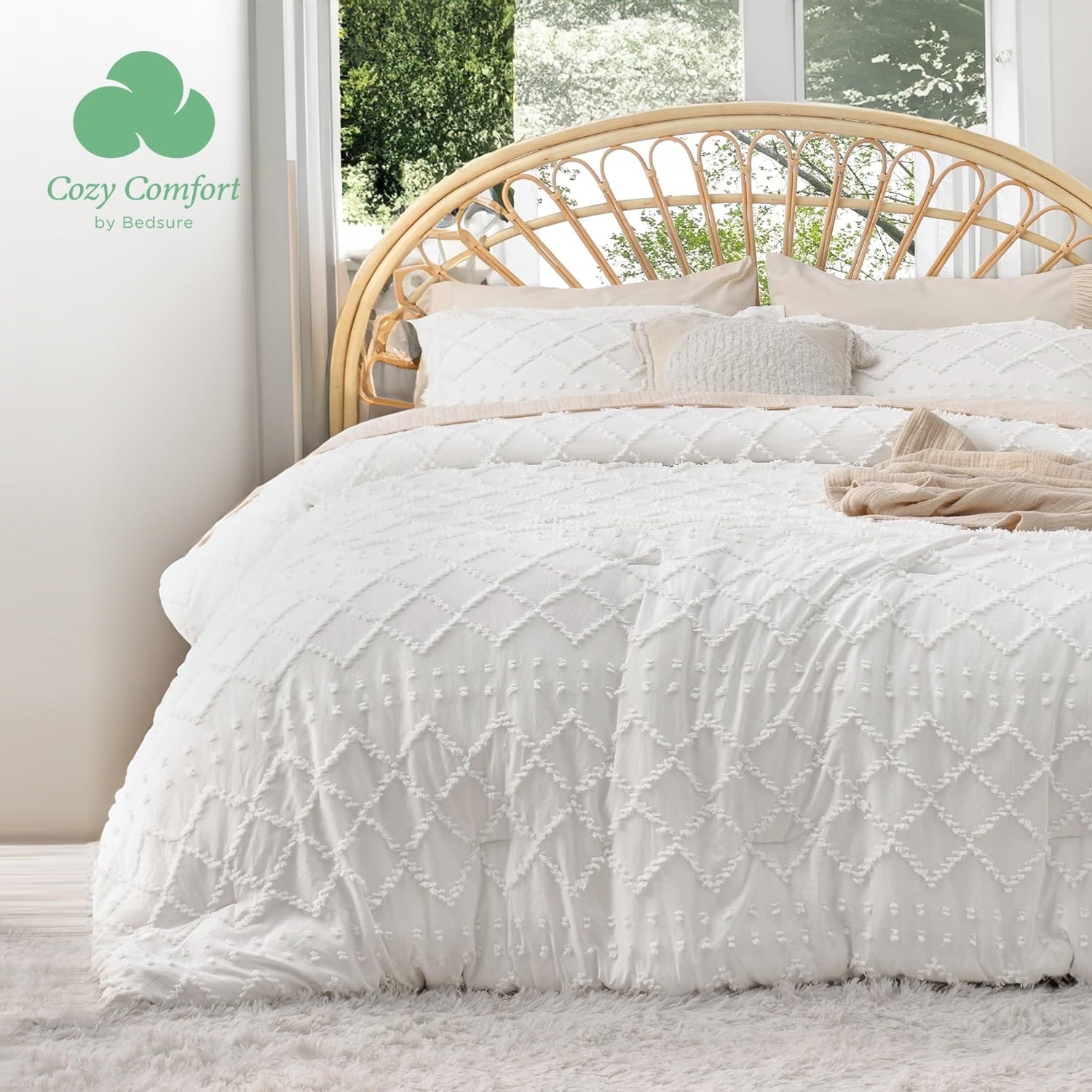 U by Bedsure King Size Comforter Set - White Comforter, Boho Tufted Shabby Chic Bedding Comforter Set, 3 Pieces Vintage Farmhouse Bed Set for All Seasons, Fluffy Soft Bedding Set with 2 Pillow Shams
