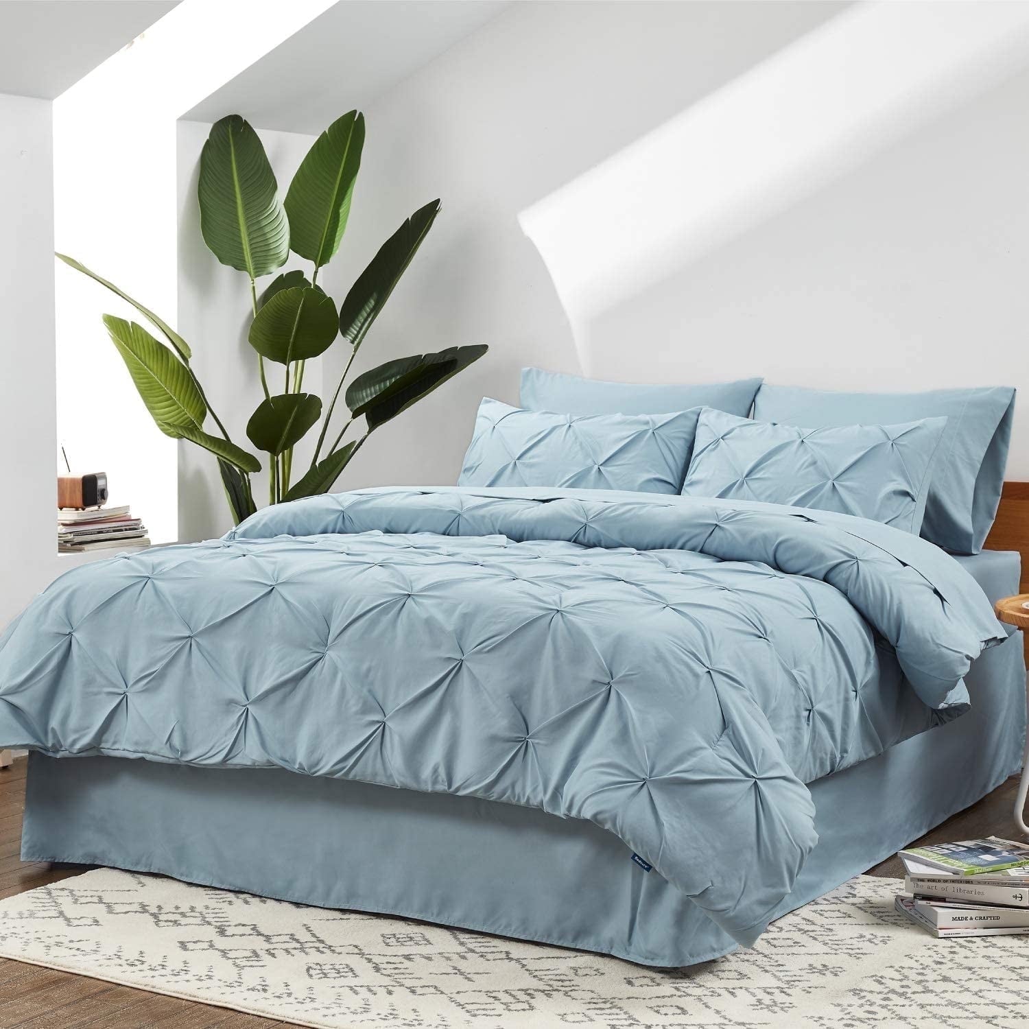 U by Bedsure Light Blue Full Comforter Sets - 7 Pieces Pintuck Bed Set , Bed in A Bag with Comforters, Sheets, Pillowcases & Shams