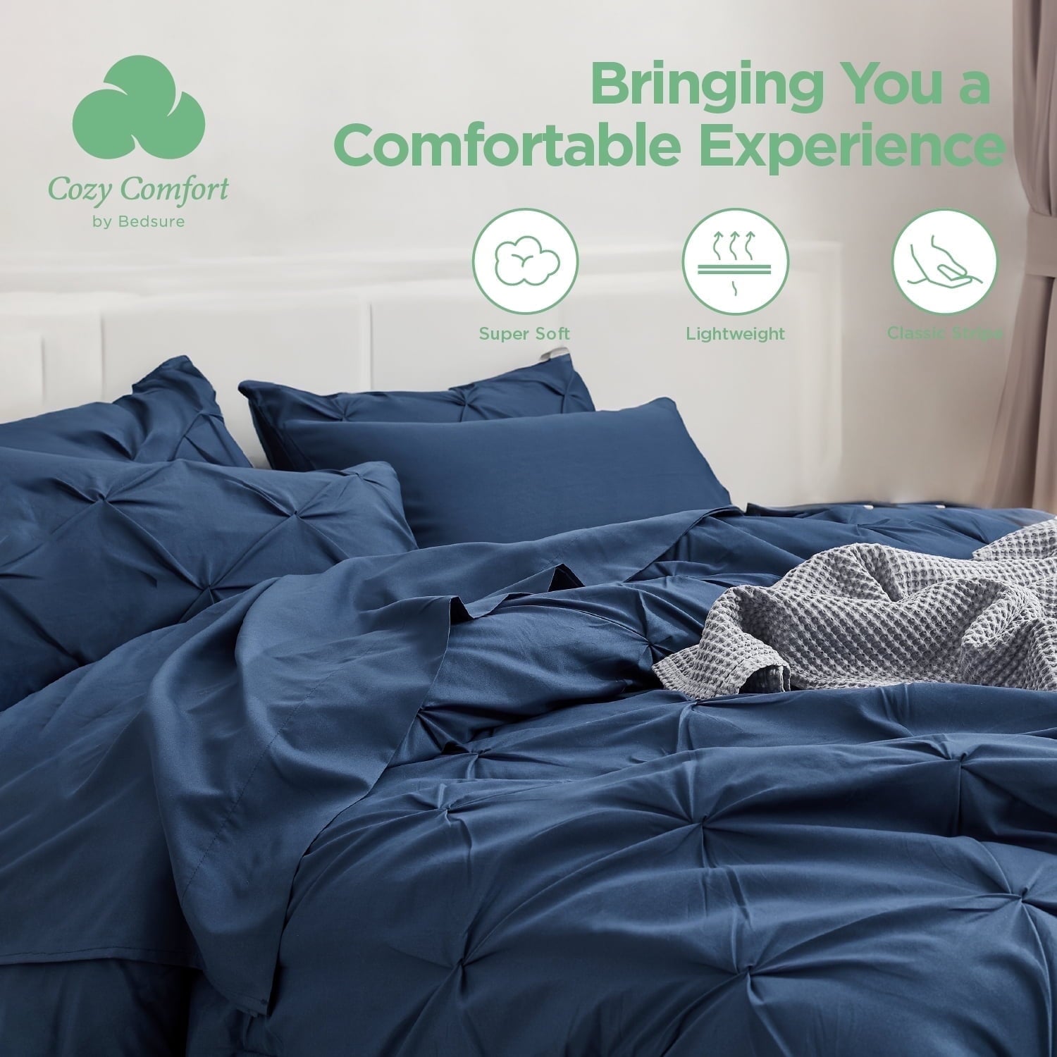 U by Bedsure Navy Comforter Set King - 7 Pieces Pintuck Bed in A Bag with Comforters, Sheets, Pillowcases & Shams