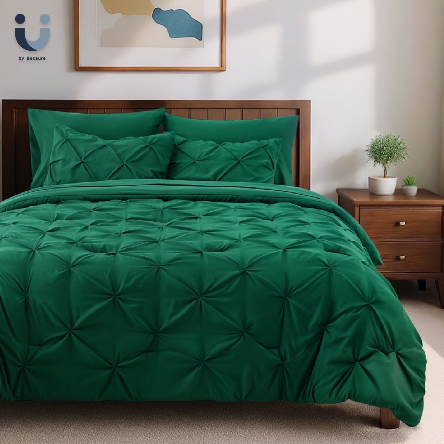 U by Bedsure Queen Comforter Set - 7 Pieces Comforters, Green Pintuck Bedding Sets for All Season, Bed in a Bag with Flat Sheet and Fitted Sheet, Pillowcases & Shams, Emerald Green