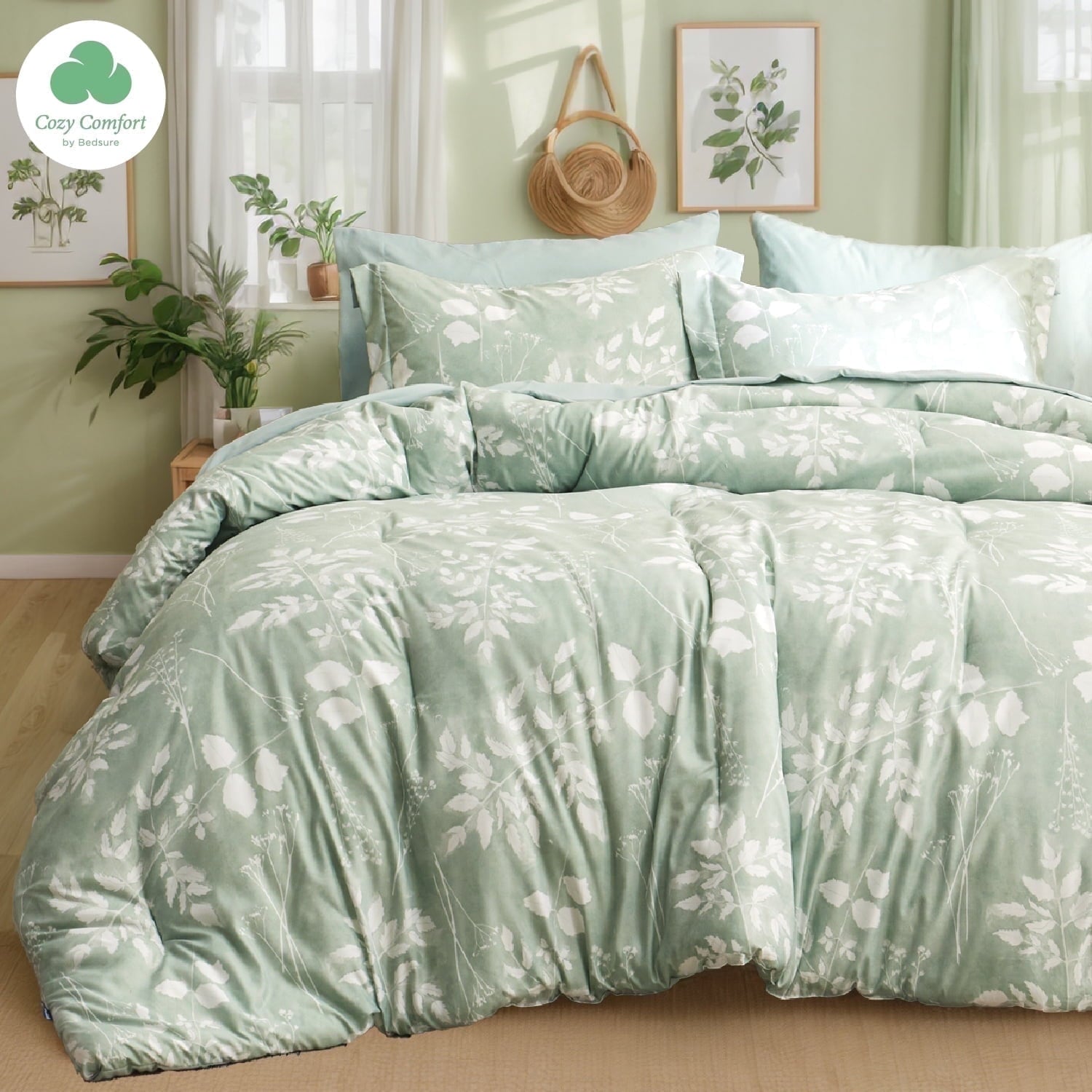 U by Bedsure Queen Comforter Set - 7 Pieces Sage Green Floral Bedding Sets Queen Bed in a Bag with Reversible Botanical Flowers Comforter, Sheets, Pillowcases & Shams