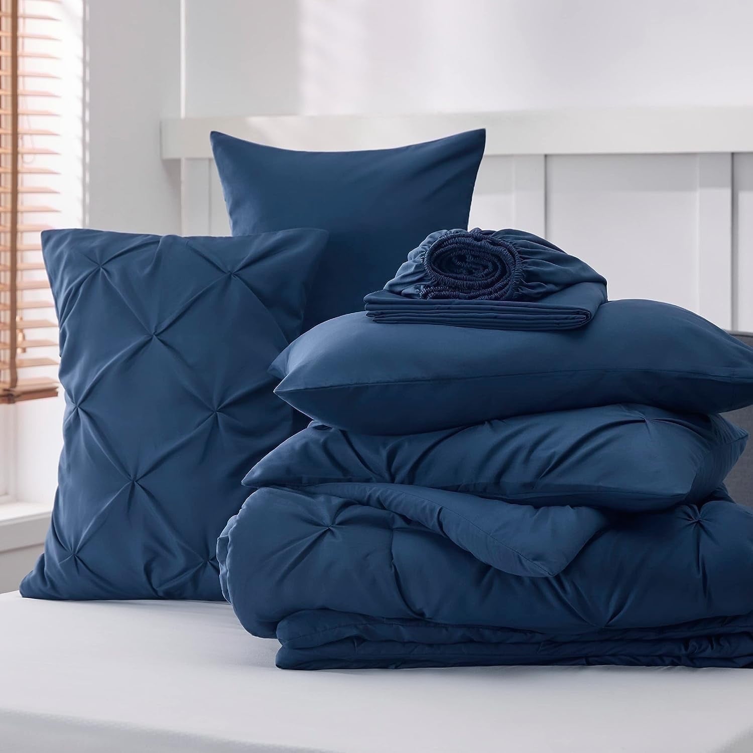 U by Bedsure Queen Comforter Set Navy Blue - 7 Pieces Pintuck Bed in A Bag, Bed Set with Comforters, Sheets, Pillowcases & Shams