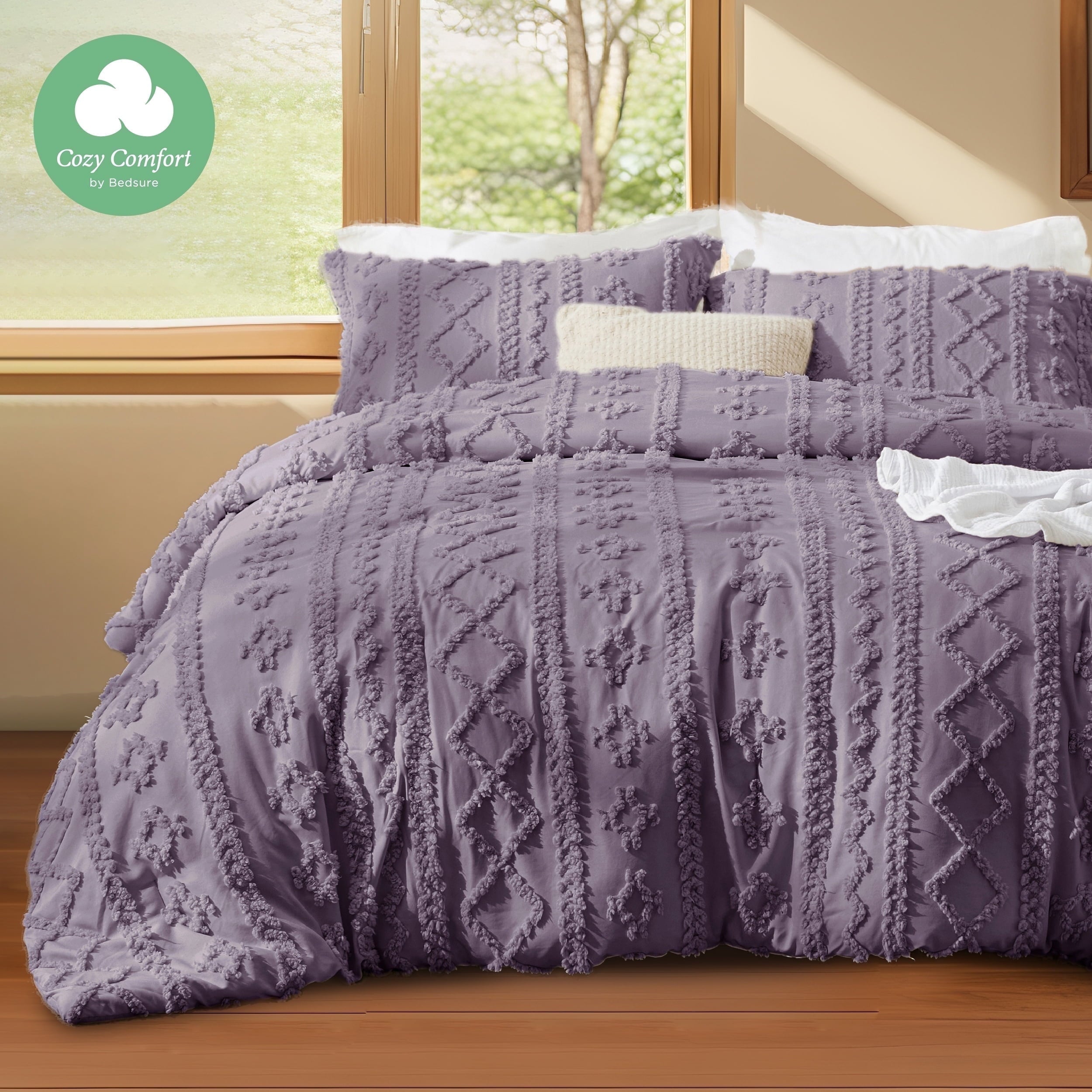 U by Bedsure Tufted Boho Comforter Set, 3 Pieces Farmhouse Shabby Chic Embroidery Bed Set, Soft Jacquard Comforter for All Seasons,King,Grayish Purple